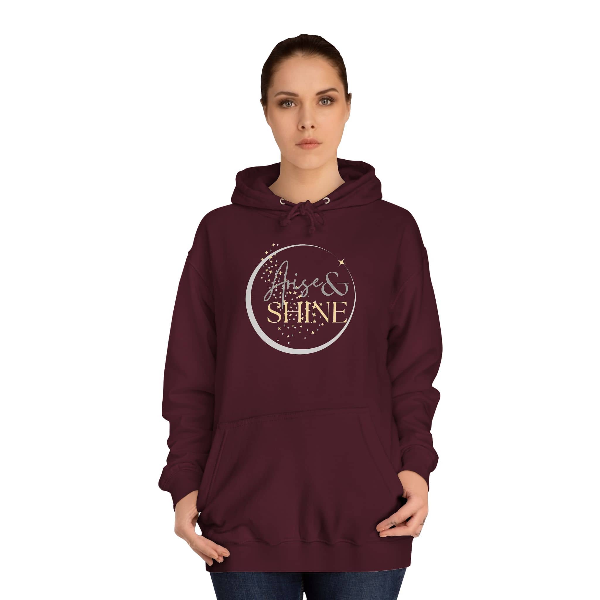 Arise & Shine Christian women's hoodie in maroon with a stylish graphic design