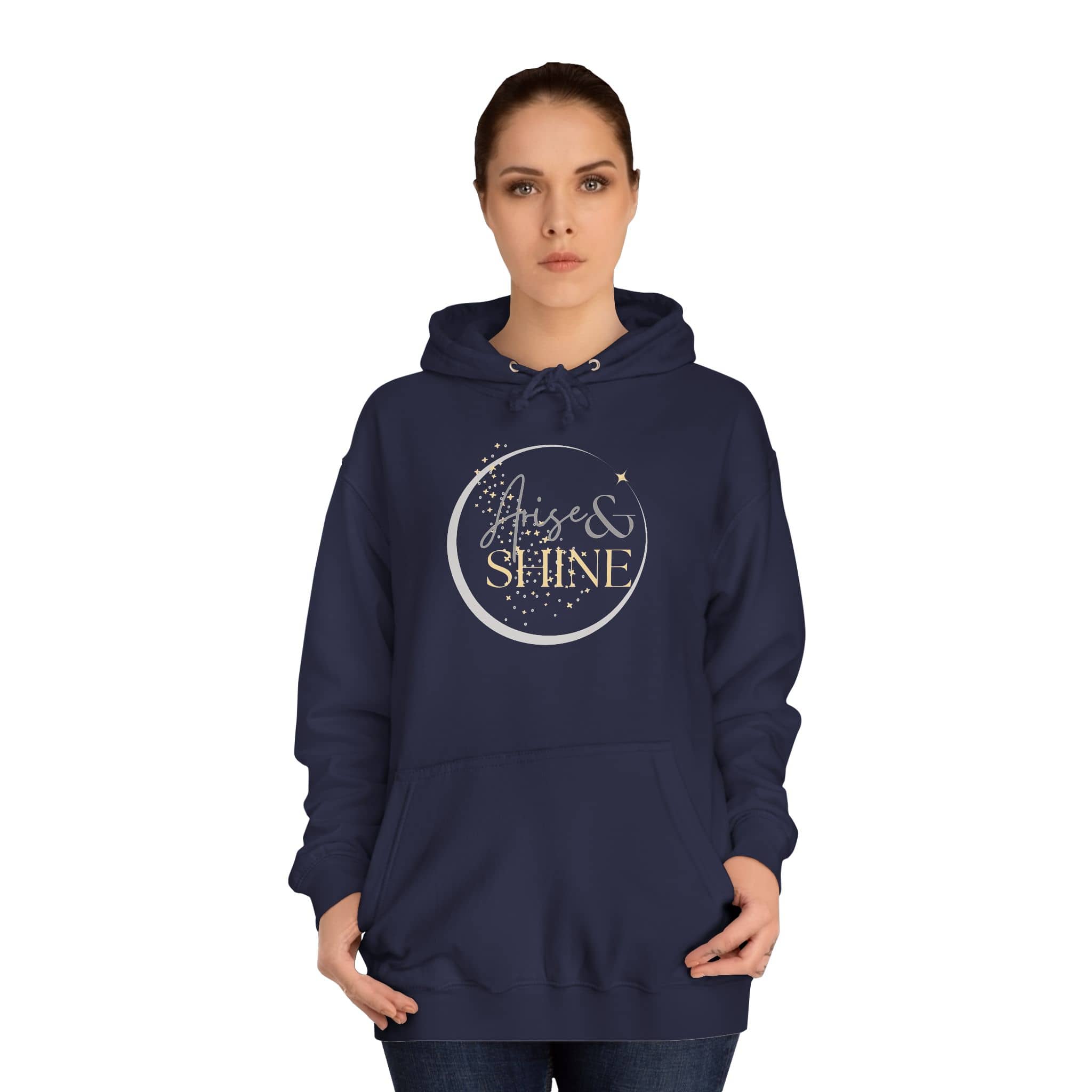 Arise & Shine Christian women's hoodie in navy blue with stylish graphic design