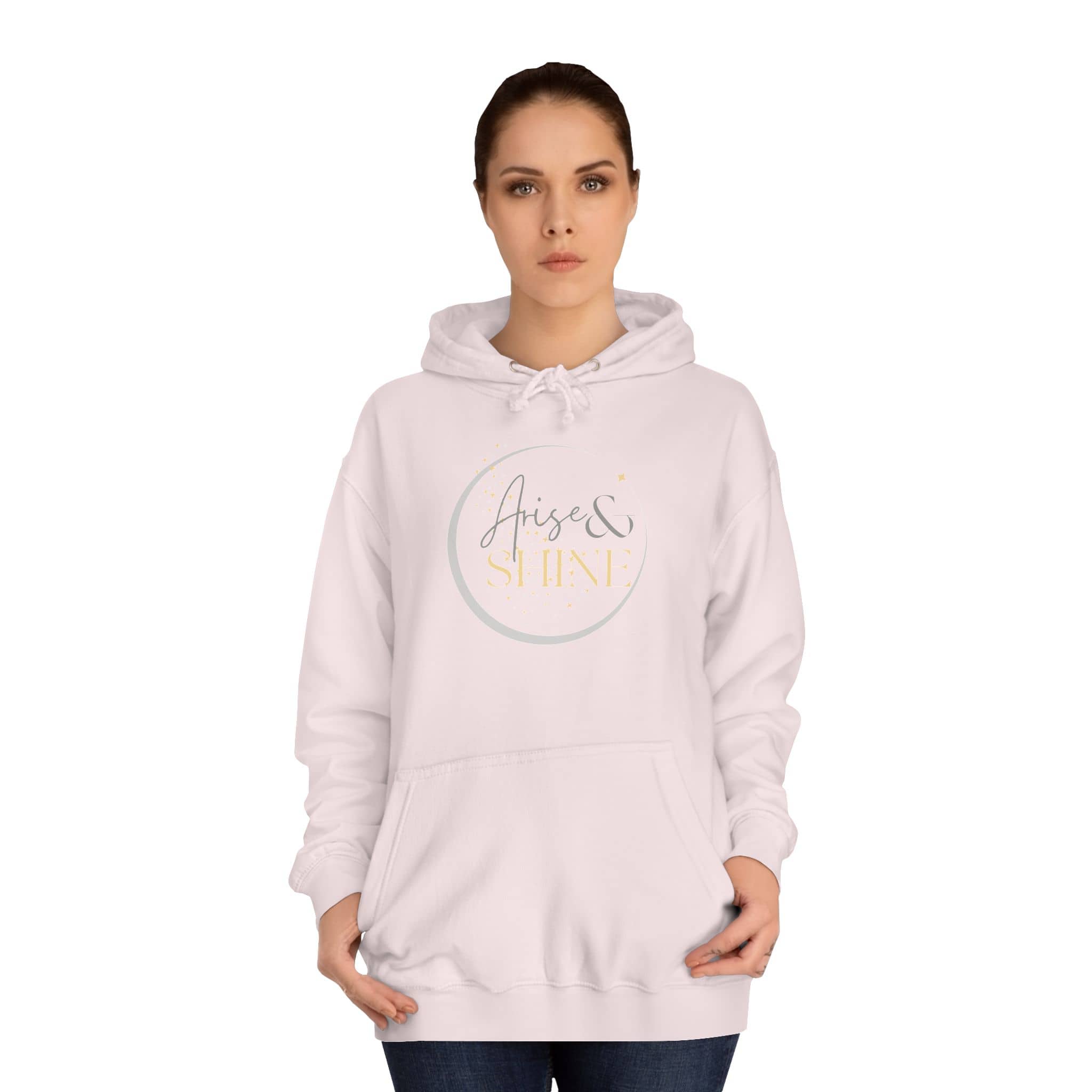 Arise & Shine Christian women's hoodie in light pink with a stylish graphic design
