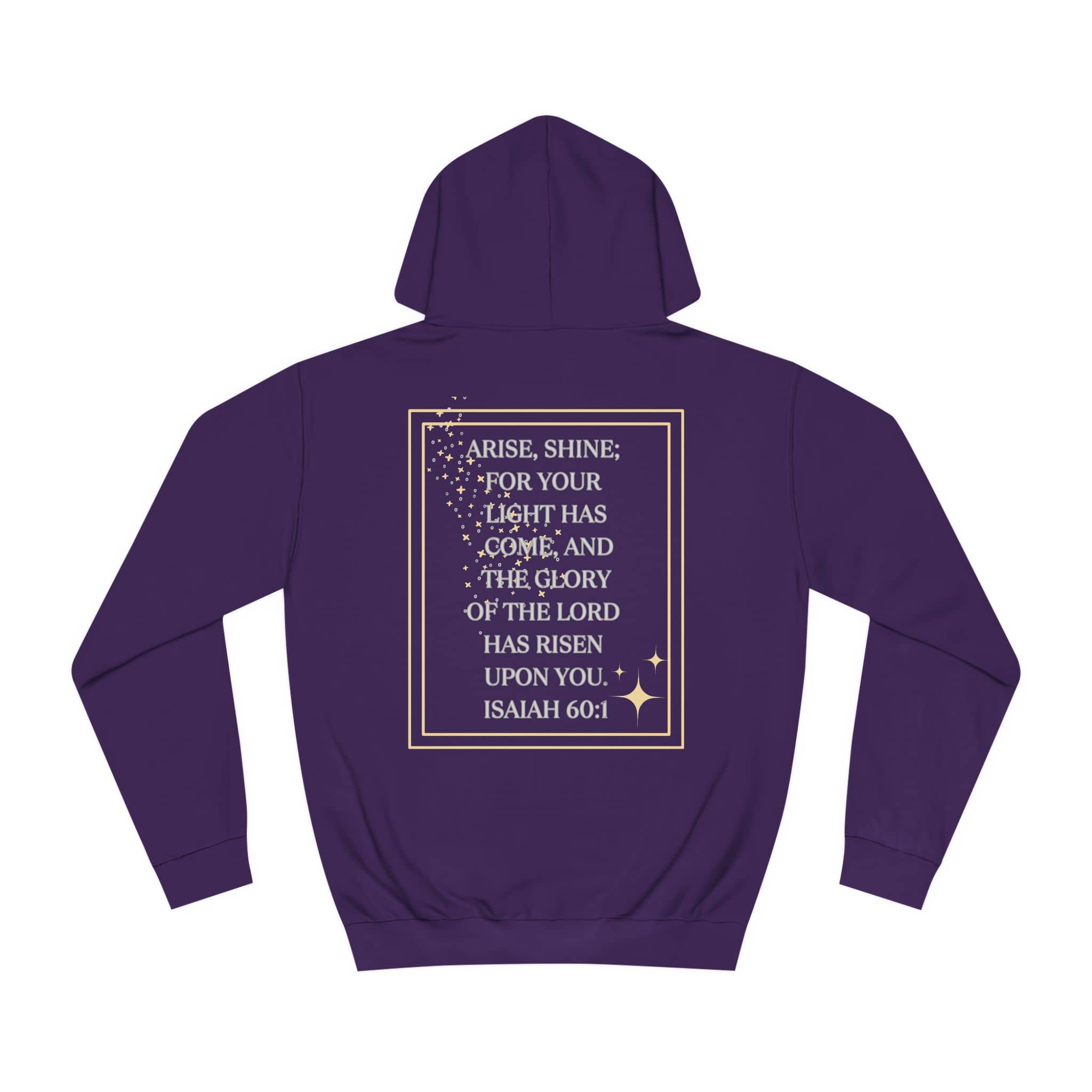 Arise & Shine Christian women's hoodie in purple with inspirational quote on back