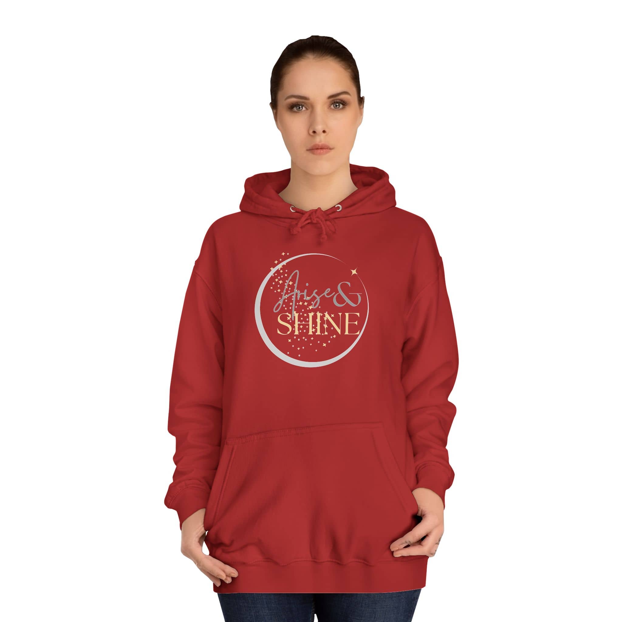 Arise & Shine Christian women's hoodie in red featuring a stylish graphic design