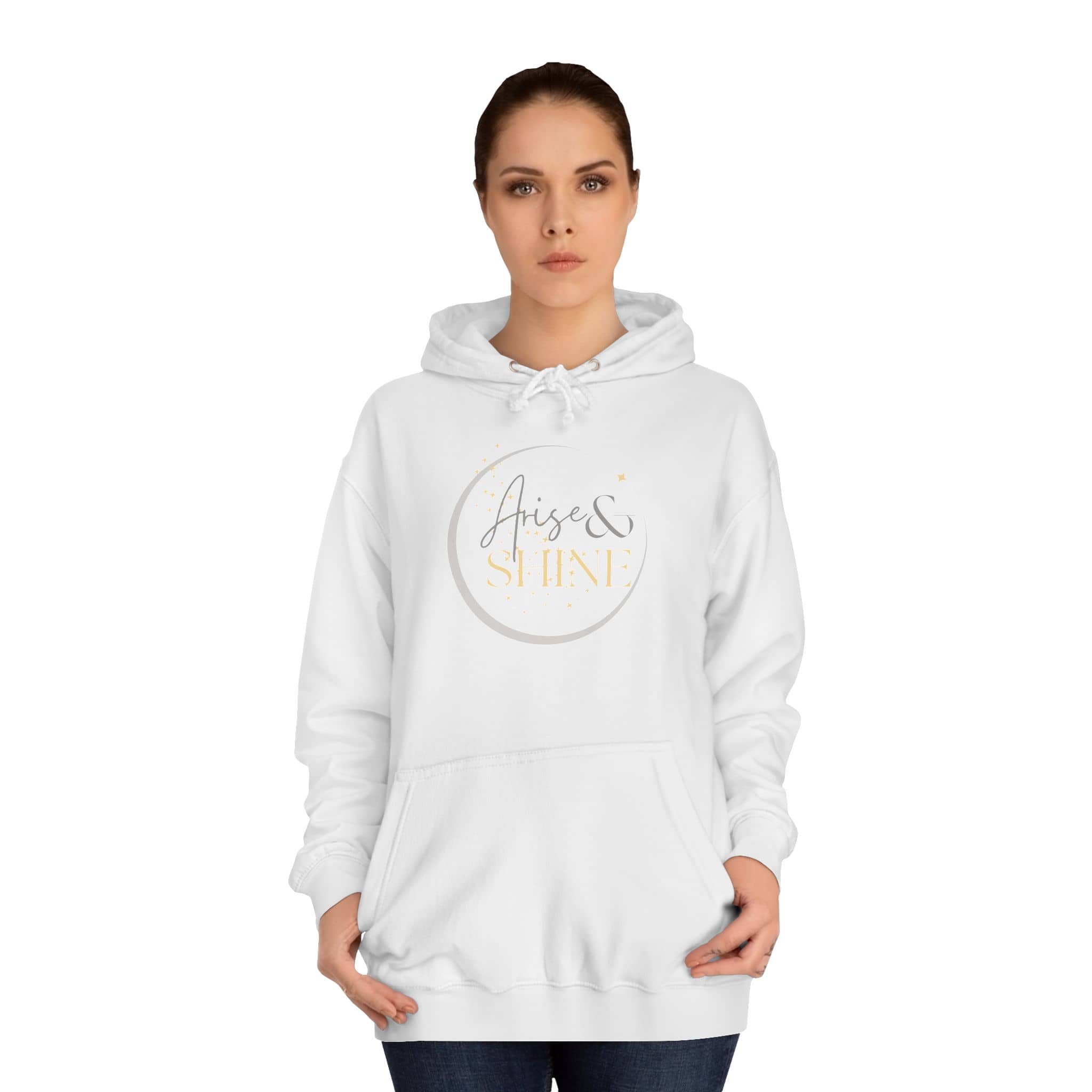 Arise & Shine Christian women's hoodie in white with a stylish design and front pocket