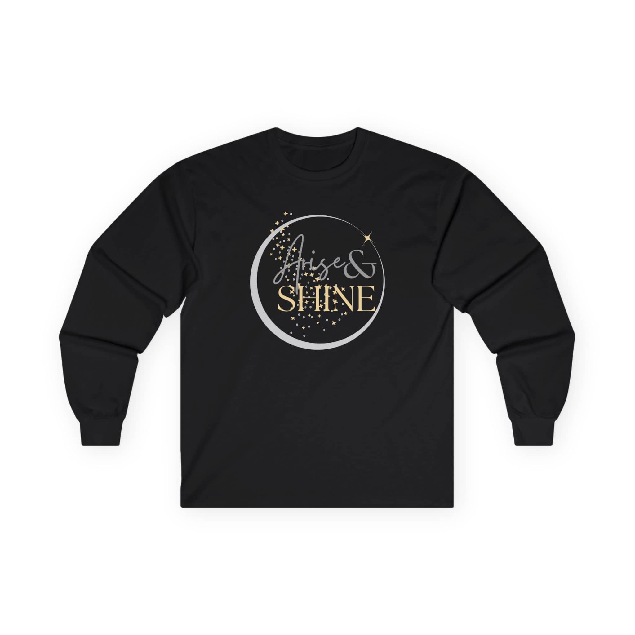 Arise and Shine Scripture design women's long sleeve shirt in black featuring a stylish graphic print