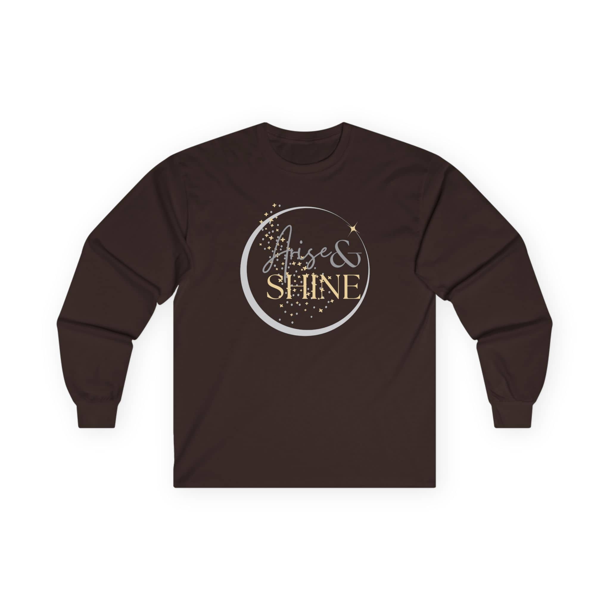 Arise and Shine Scripture design women's long sleeve shirt in dark brown with stylish graphic print