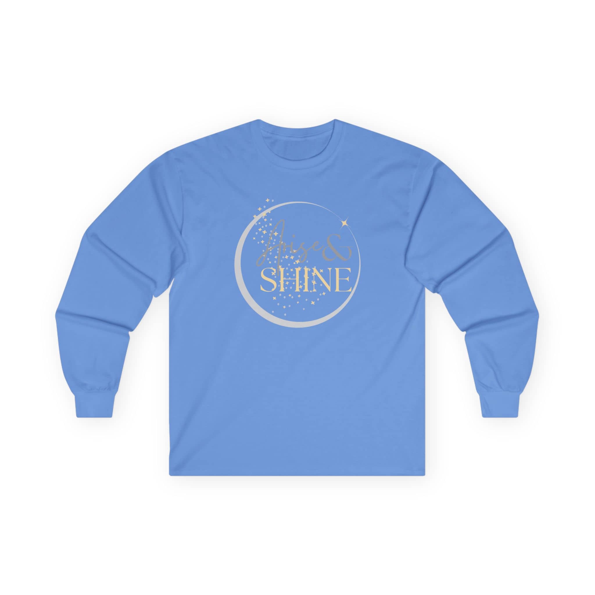 Light blue women's long sleeve shirt featuring Arise and Shine Scripture design for inspired casual wear