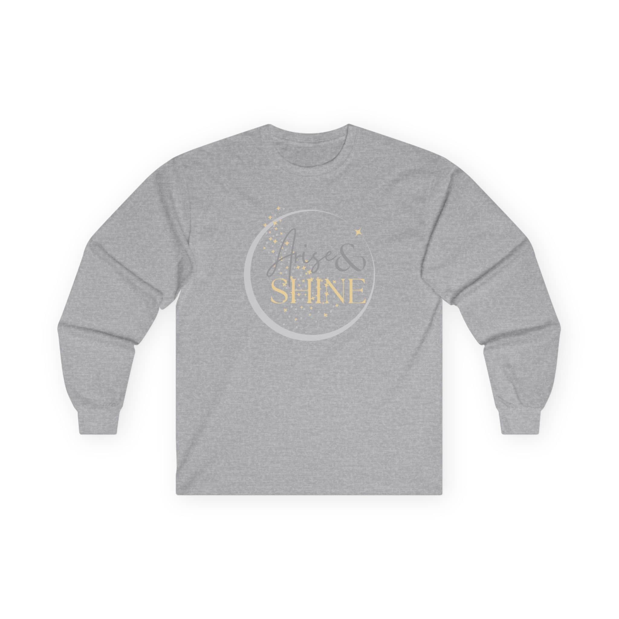 Gray women's long sleeve shirt featuring Arise and Shine Scripture design in elegant typography
