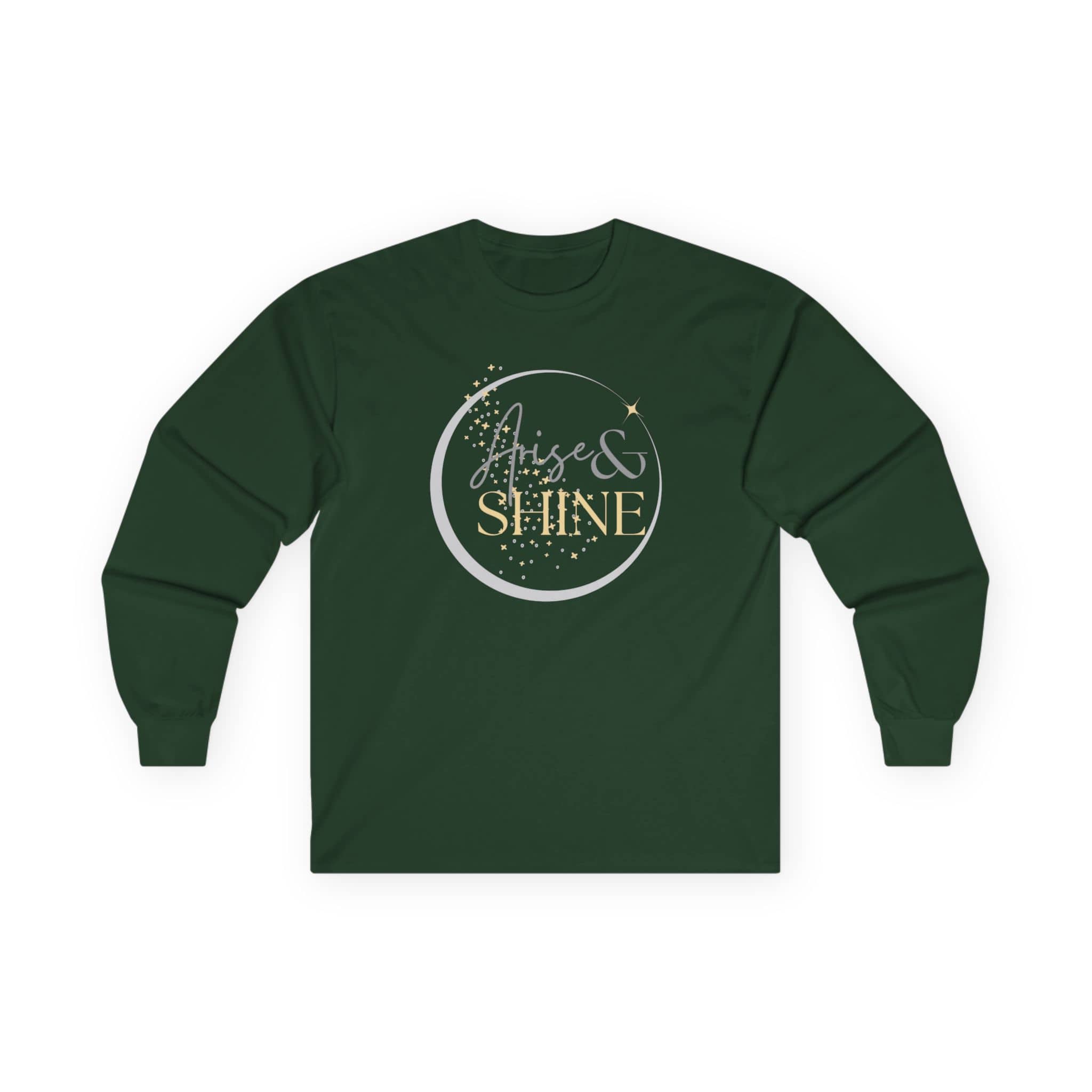 Arise and Shine Scripture design women's long sleeve shirt in green with elegant lettering and star accents