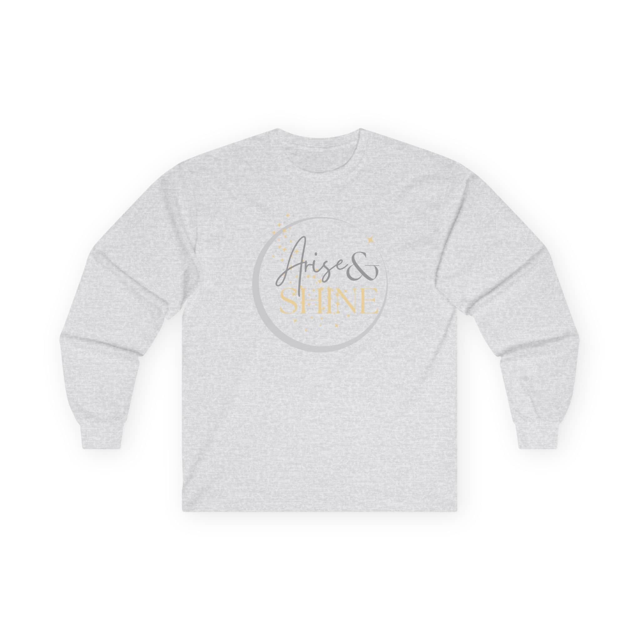Arise and Shine Scripture design women's long sleeve shirt in light gray with elegant typography