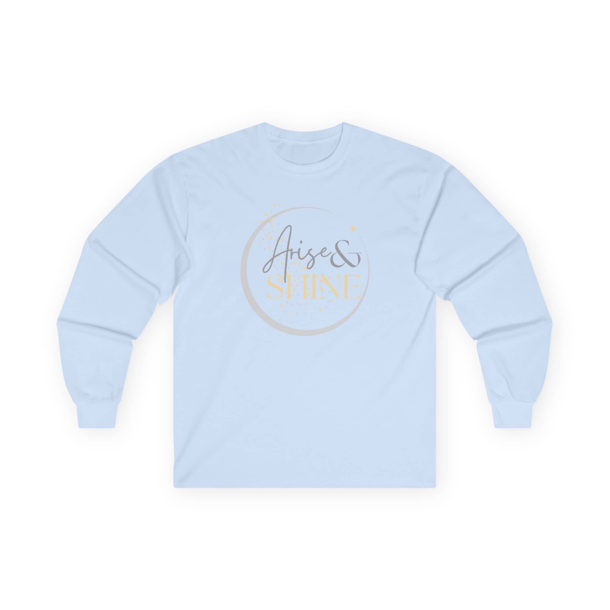 Light blue women's long sleeve shirt featuring Arise and Shine Scripture design with elegant lettering