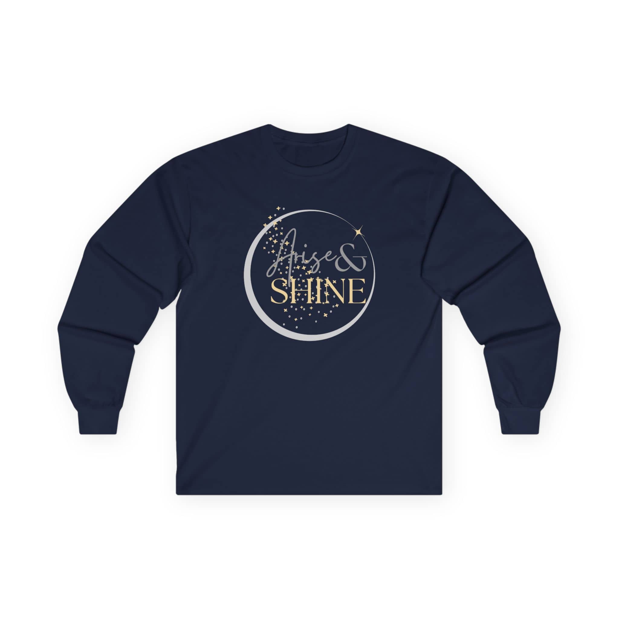 Arise and Shine Scripture design women's long sleeve shirt in navy with elegant lettering