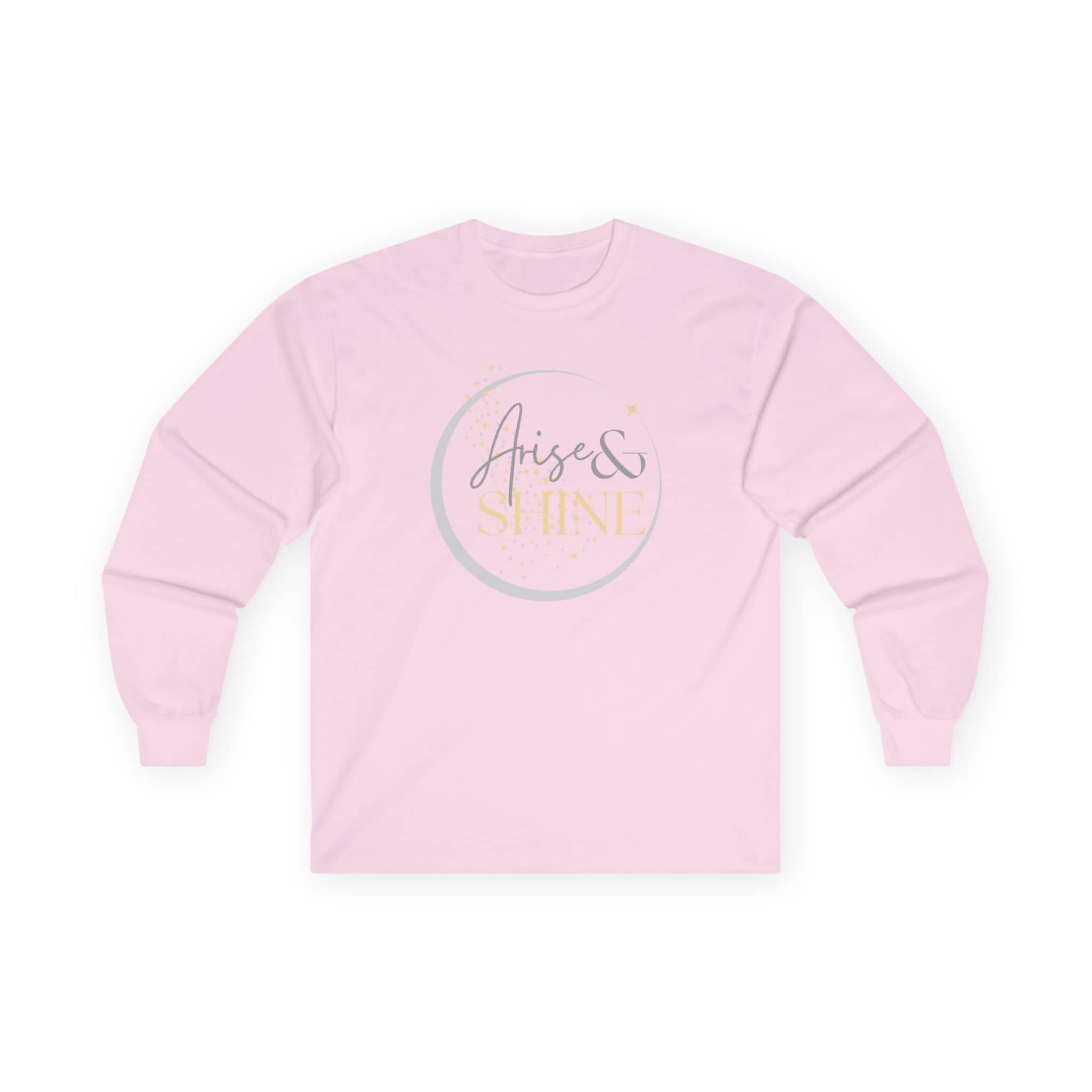 Pink women's long-sleeve shirt featuring Arise and Shine Scripture design for inspirational wear