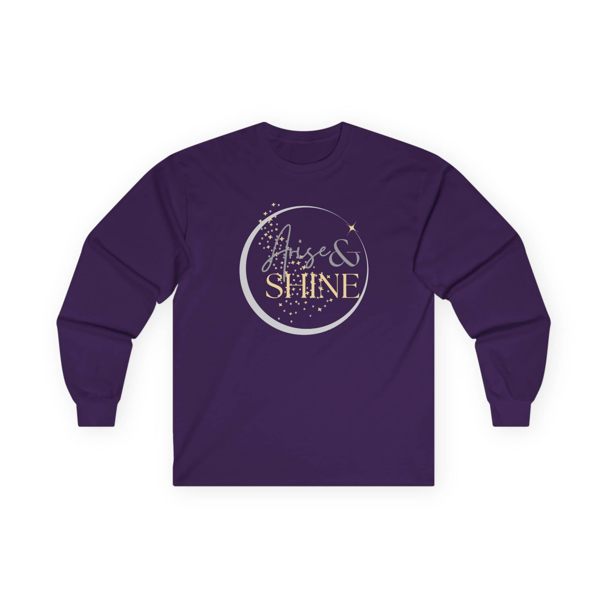 Arise and Shine Scripture design women's long sleeve shirt in purple with stylish graphic print