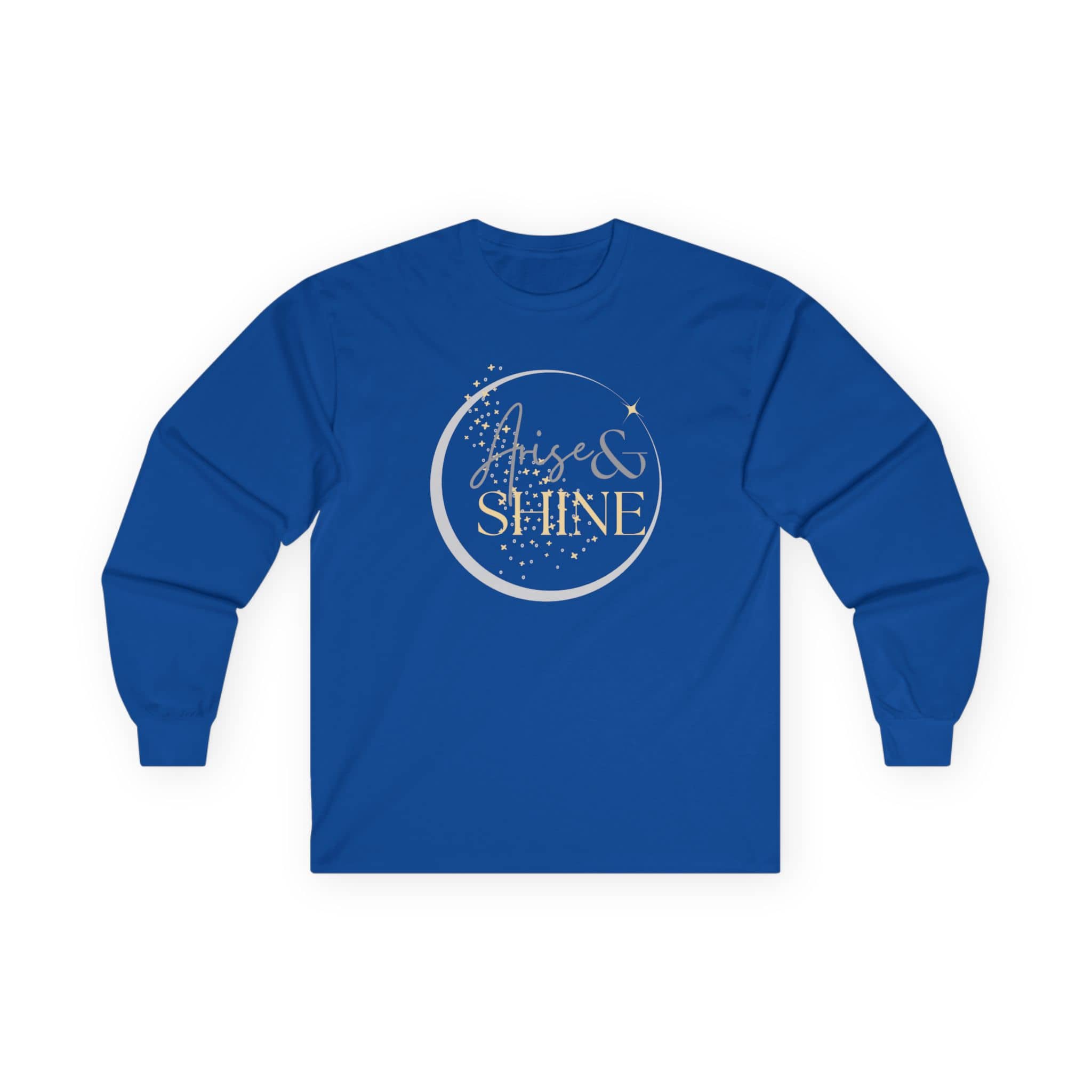Arise and Shine Scripture design women's long sleeve shirt in vibrant blue with glittery text and star accents