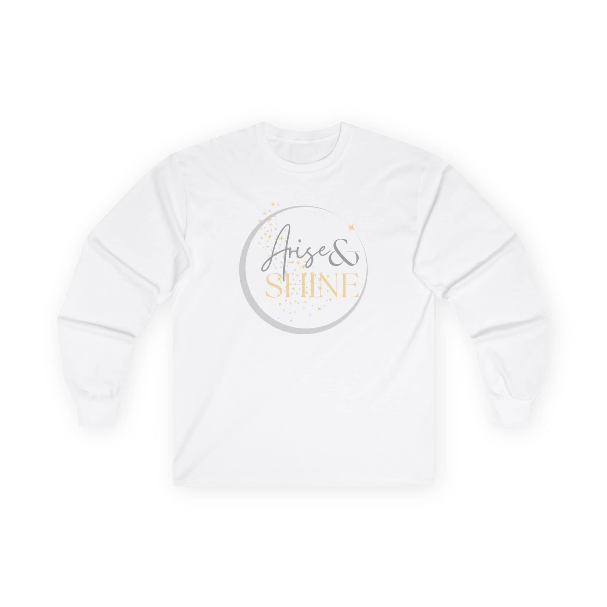 White women's long sleeve shirt featuring Arise and Shine Scripture design with elegant lettering