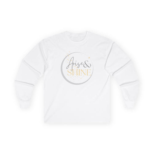 White women's long sleeve shirt featuring Arise and Shine Scripture design with elegant lettering
