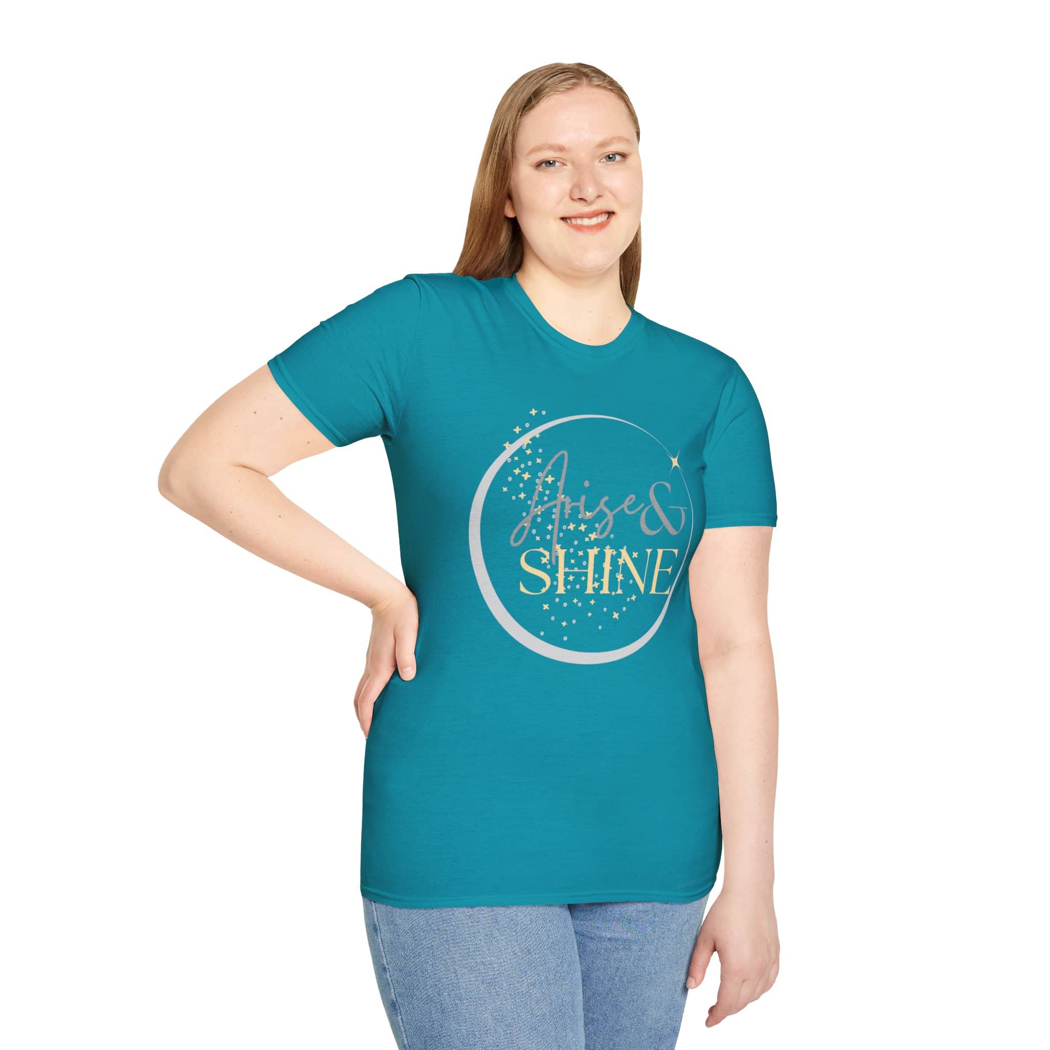 Arise and Shine shirt in Tropical Blue featuring a front and back design inspired by Isaiah 60:1