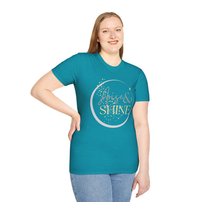 Arise and Shine soft style shirt in Tropical Blue featuring a front and back design inspired by Isaiah 60:1