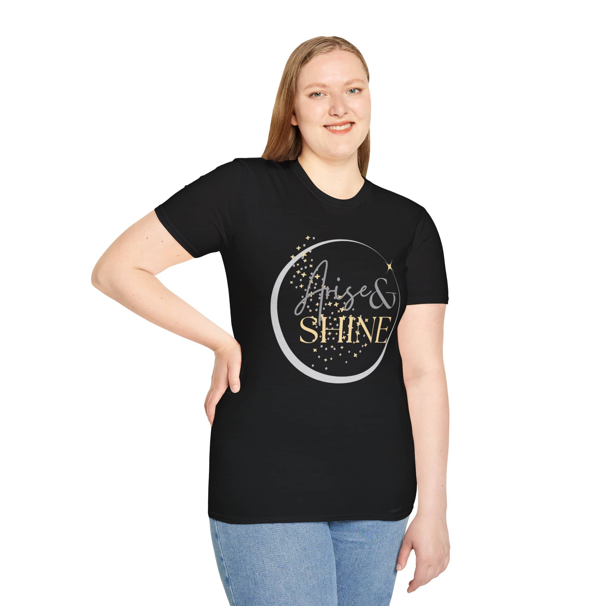 Black Arise and Shine shirt featuring a stylish gold glitter design for casual wear