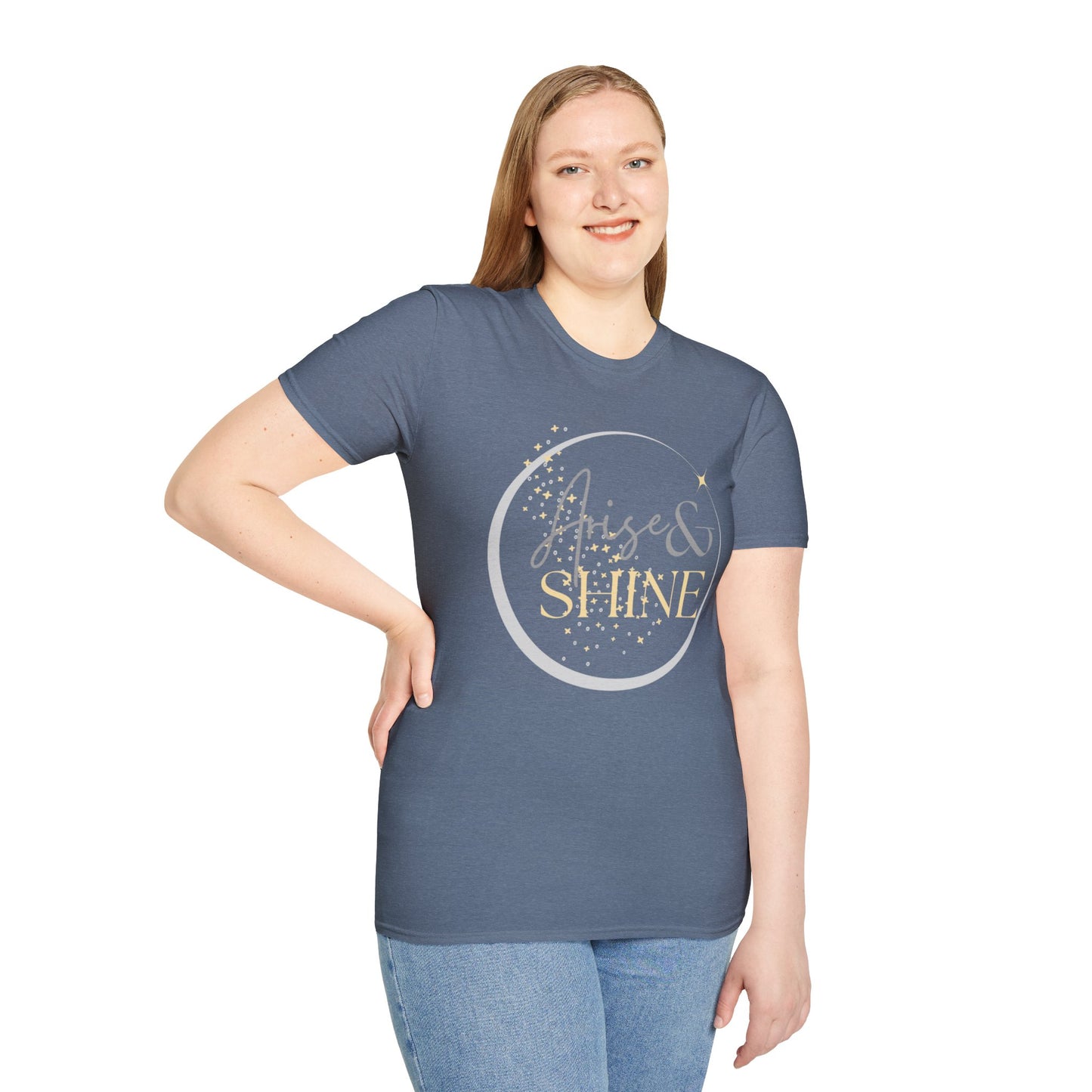Arise and Shine soft-style shirt in Heather Indigo featuring a front and back design inspired by Scripture verse, Isaiah 60:1