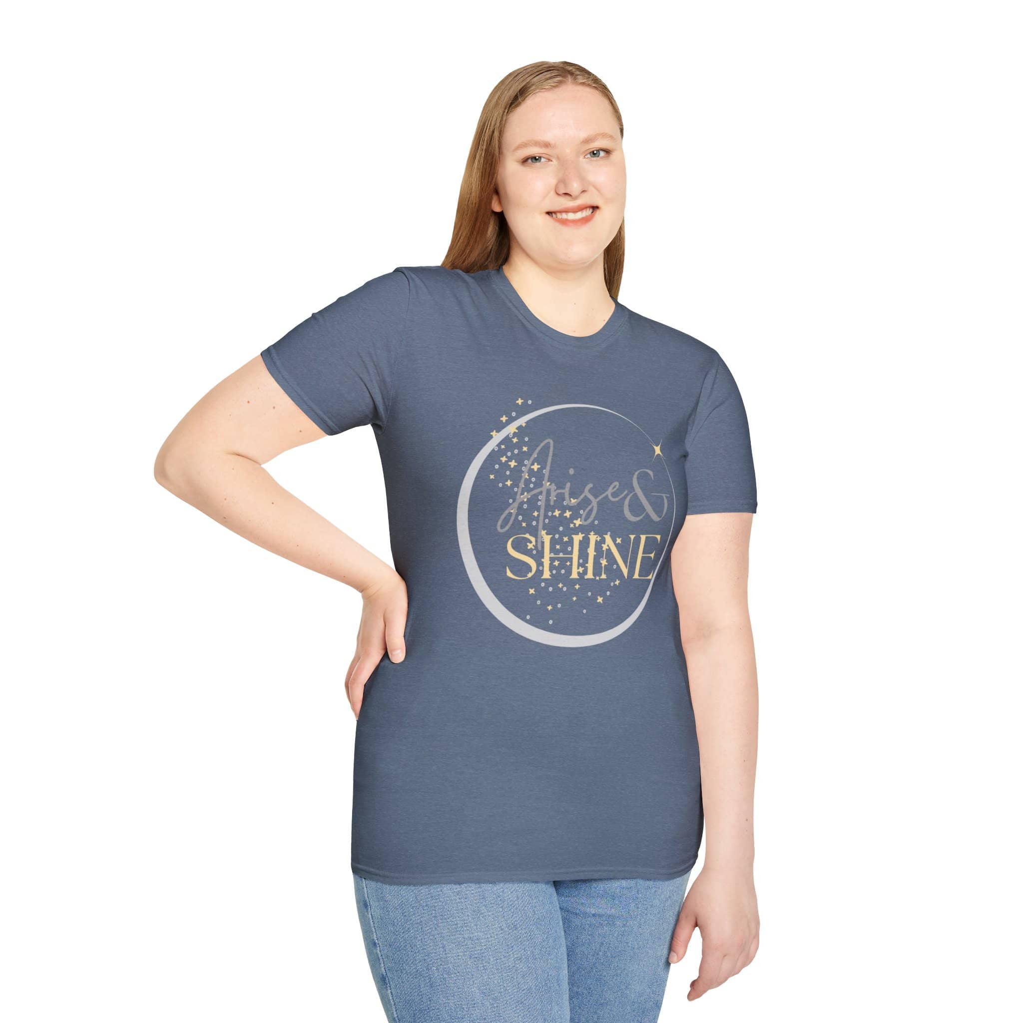 Arise and Shine shirt in Heather Indigo featuring a front and back design inspired by Scripture verse, Isaiah 60:1