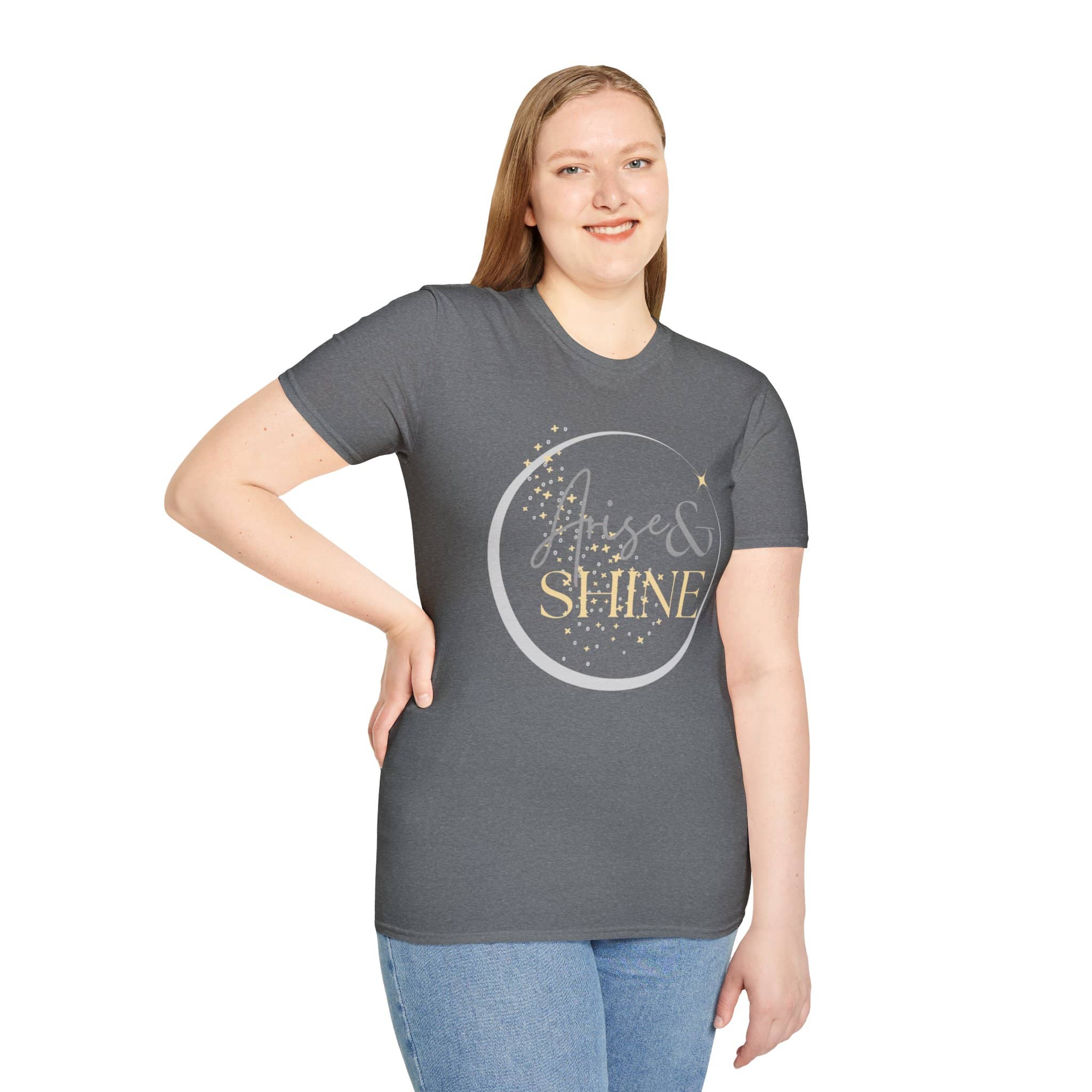 Arise and Shine shirt in Graphite Heather, with a framed Isaiah 60:1