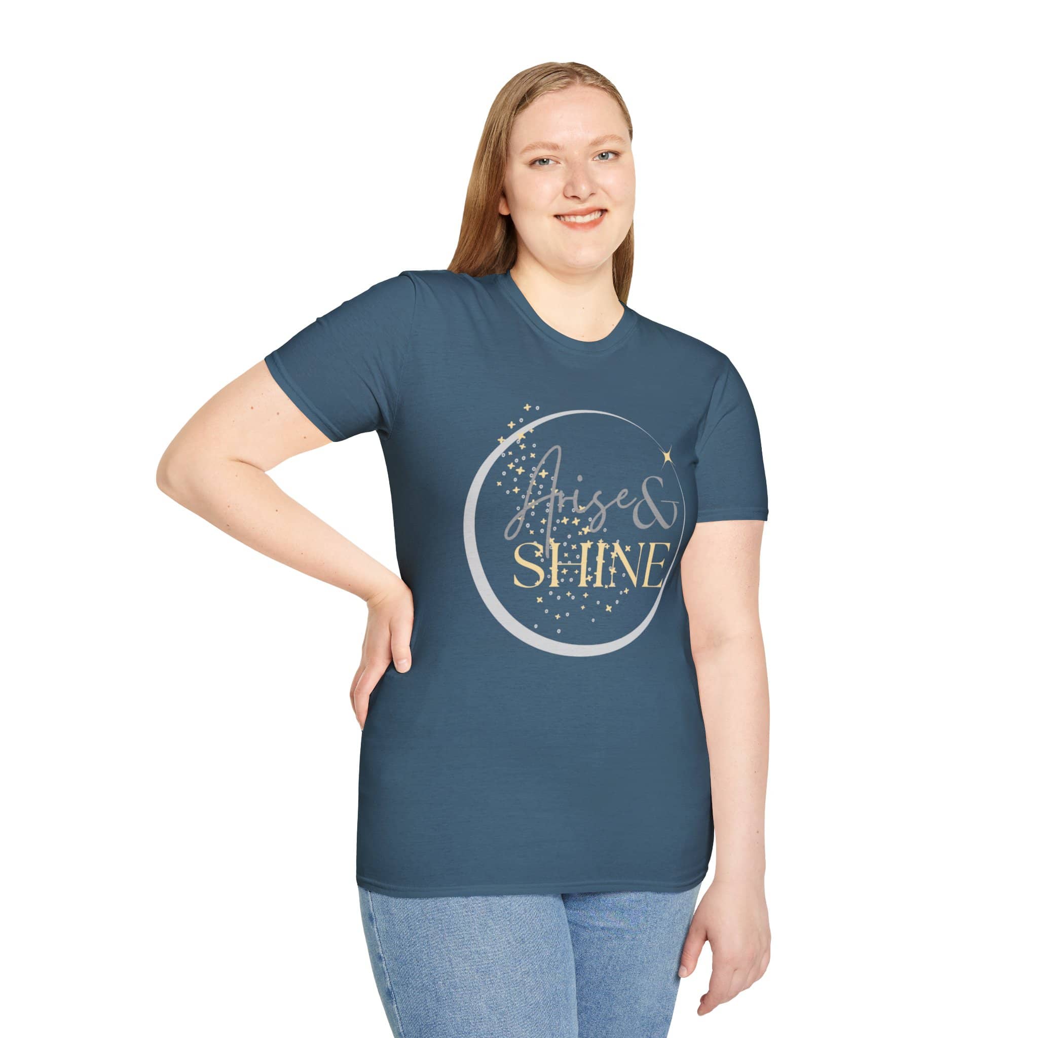 Arise and Shine shirt in Indigo Blue featuring a front and back design inspired by Scripture verse, Isaiah 60:1