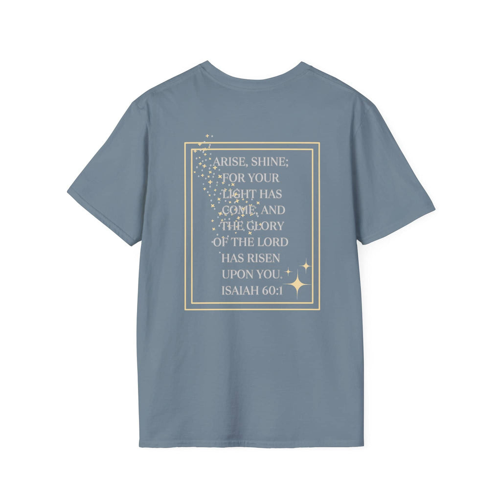 Blue Arise and Shine shirt featuring inspirational Bible verse from Isaiah 60:1