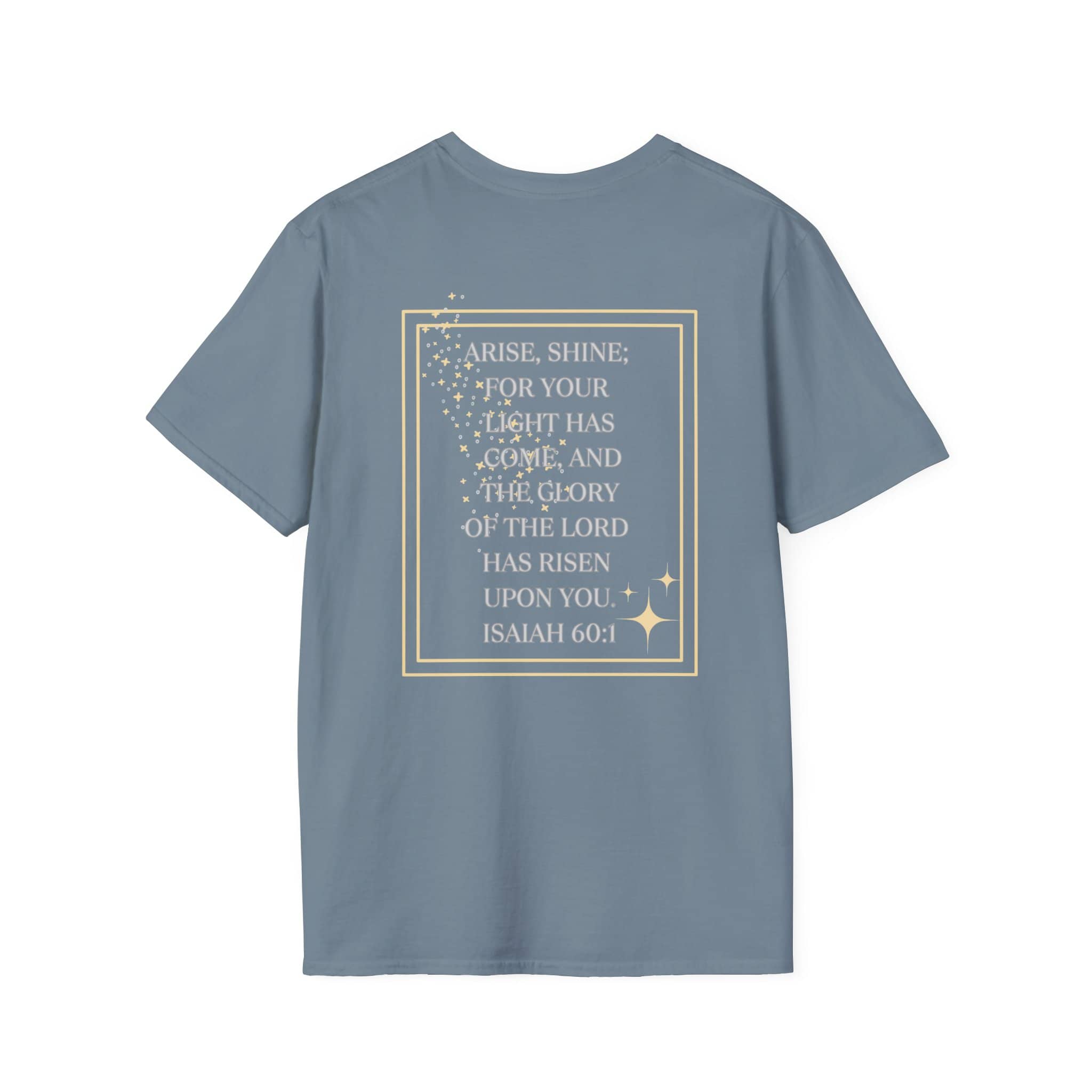 Blue Arise and Shine shirt featuring inspirational Bible verse from Isaiah 60:1