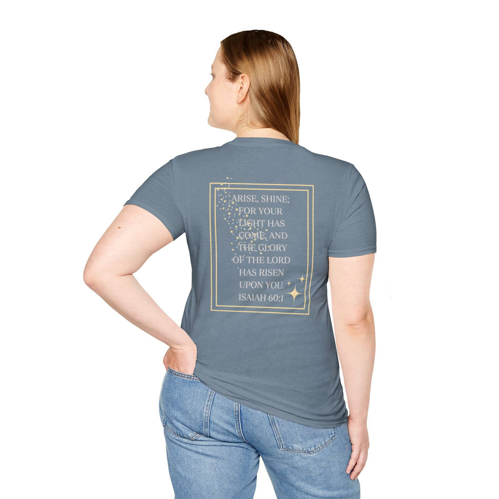 Arise and Shine shirt with inspirational Isaiah 60:1 quote printed on the back in a soft gray color