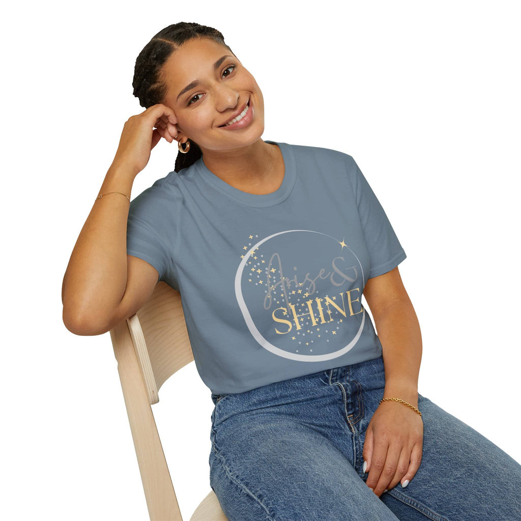 Model wearing a blue Arise and Shine shirt with glittery design for casual style