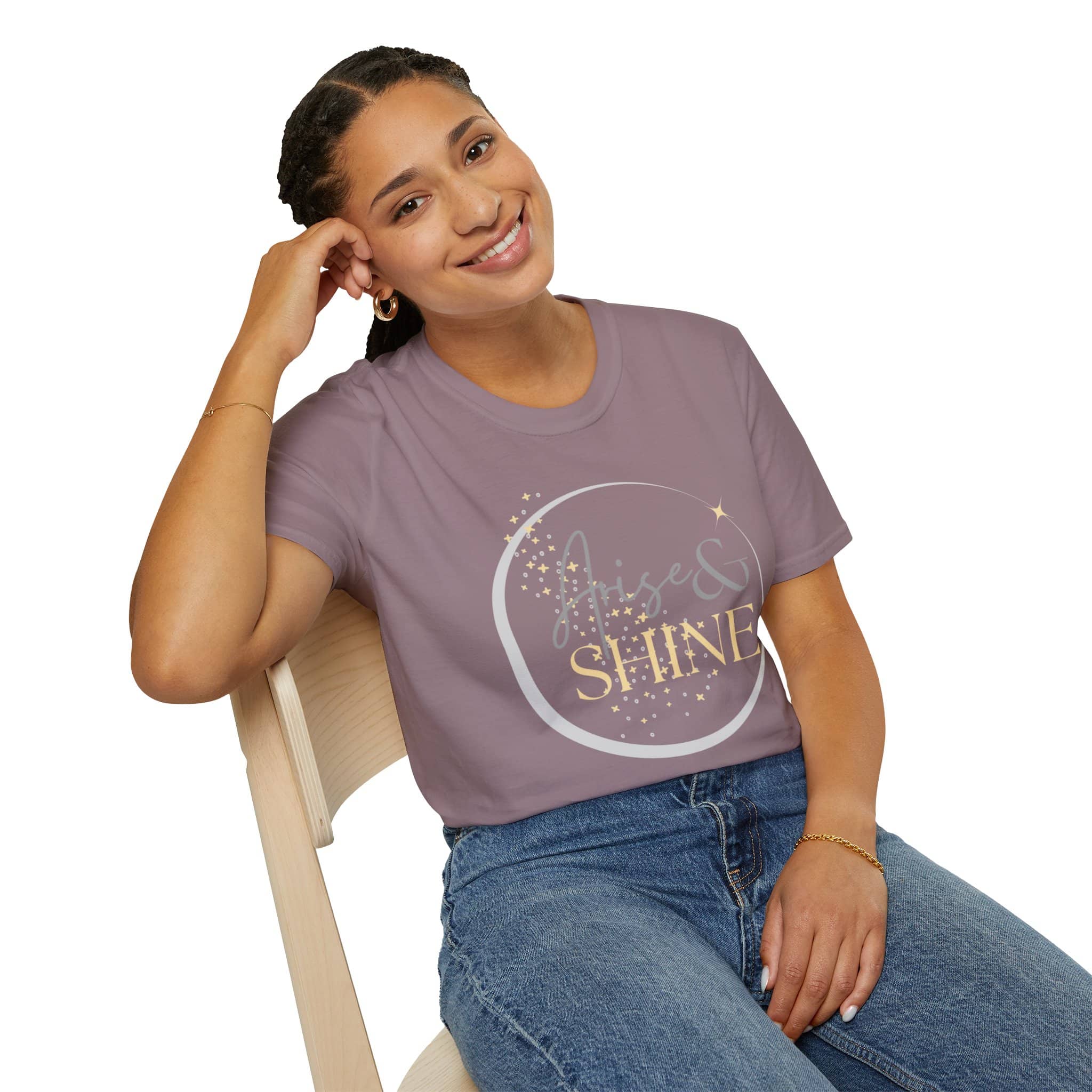 Arise and Shine shirt featured on a model in a Paragon color featuring Scripture designs inspired by Isaiah 60:1