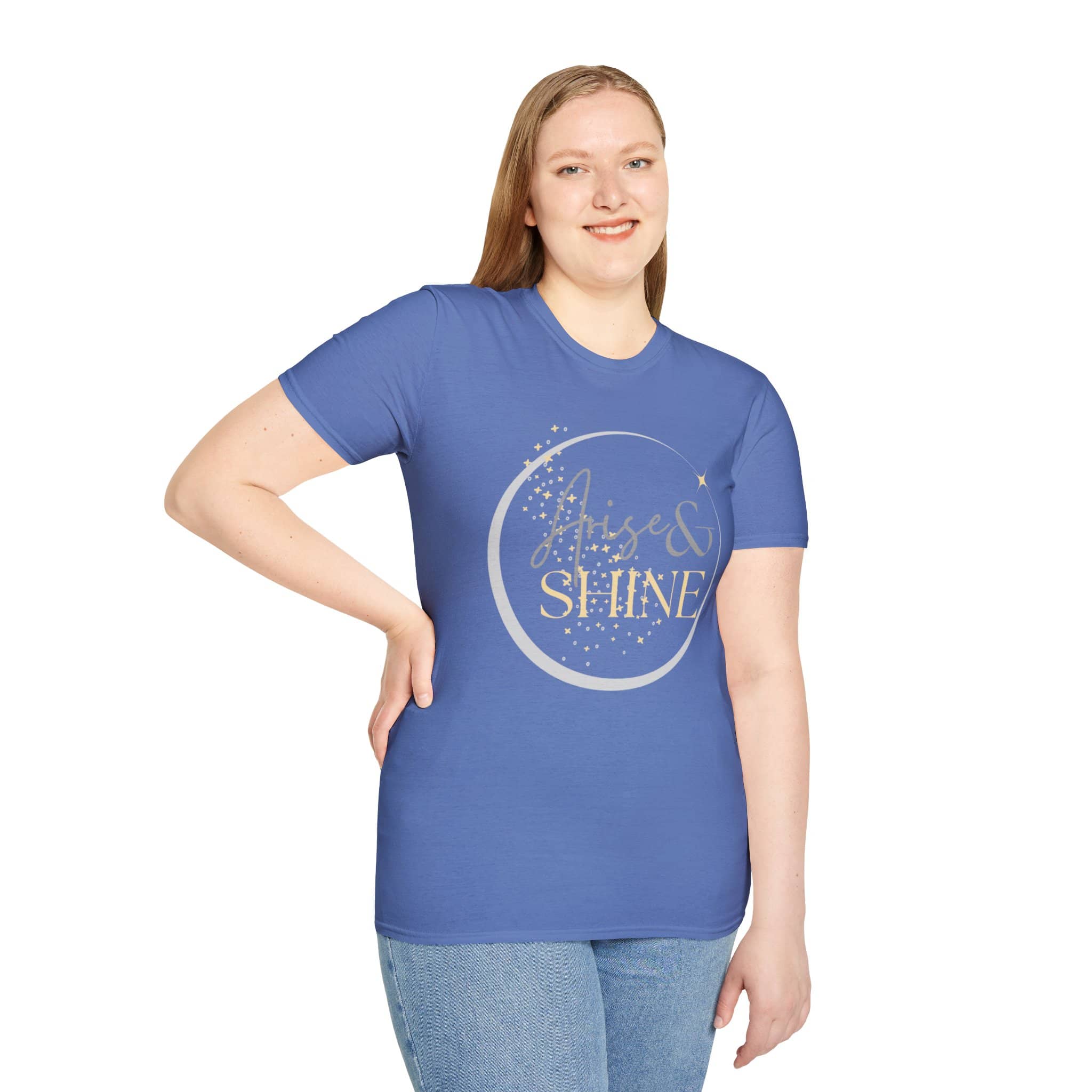 Arise and Shine shirt in Iris featuring a front and back design inspired by Scripture verse, Isaiah 60:1