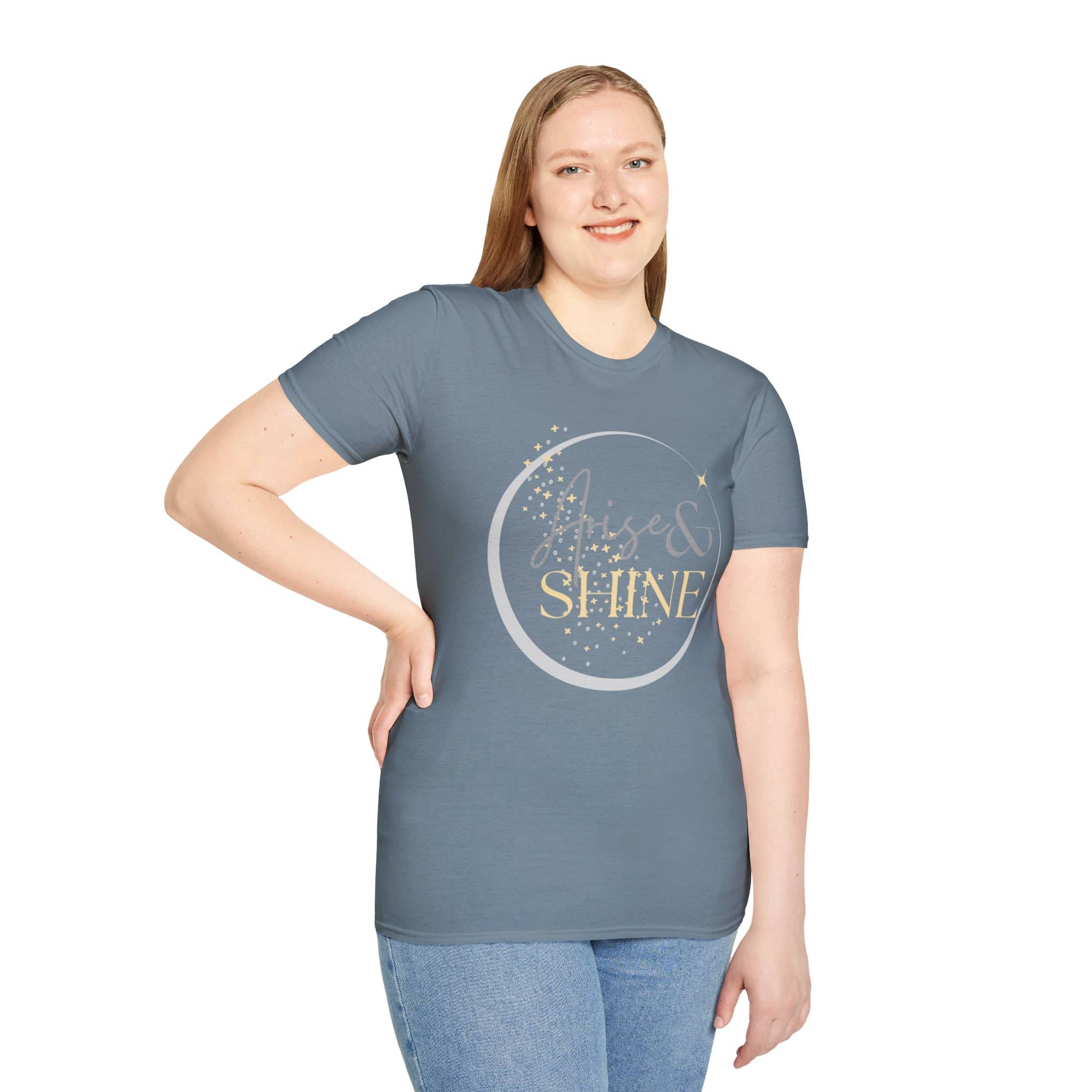 Arise and Shine shirt in gray with stylish lettering for inspirational fashion