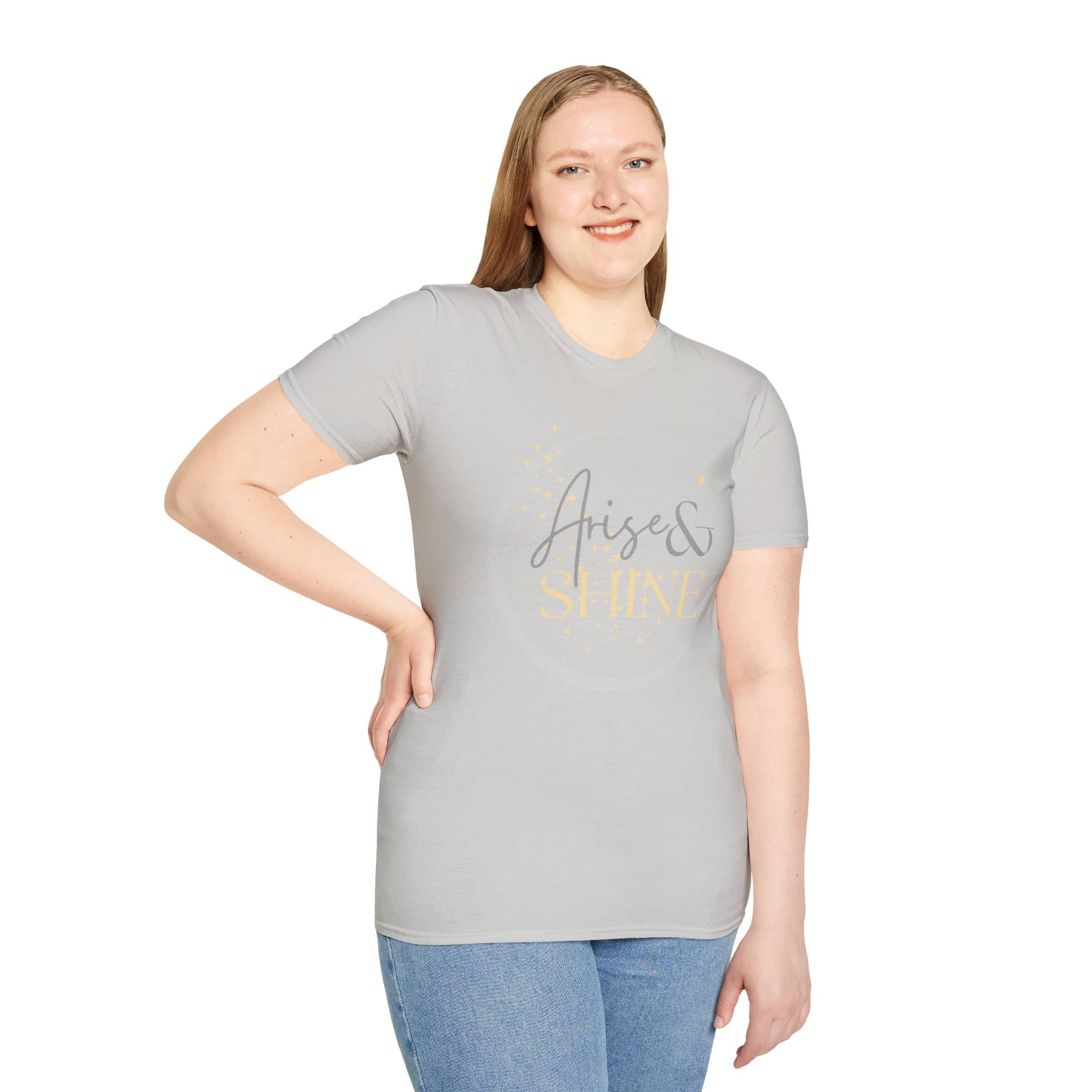 Arise and Shine shirt in ice gray with Isaiah 60:1 featured on the back