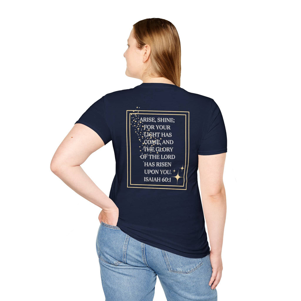 Navy Arise and Shine shirt featuring inspirational Isaiah 60 design on the back