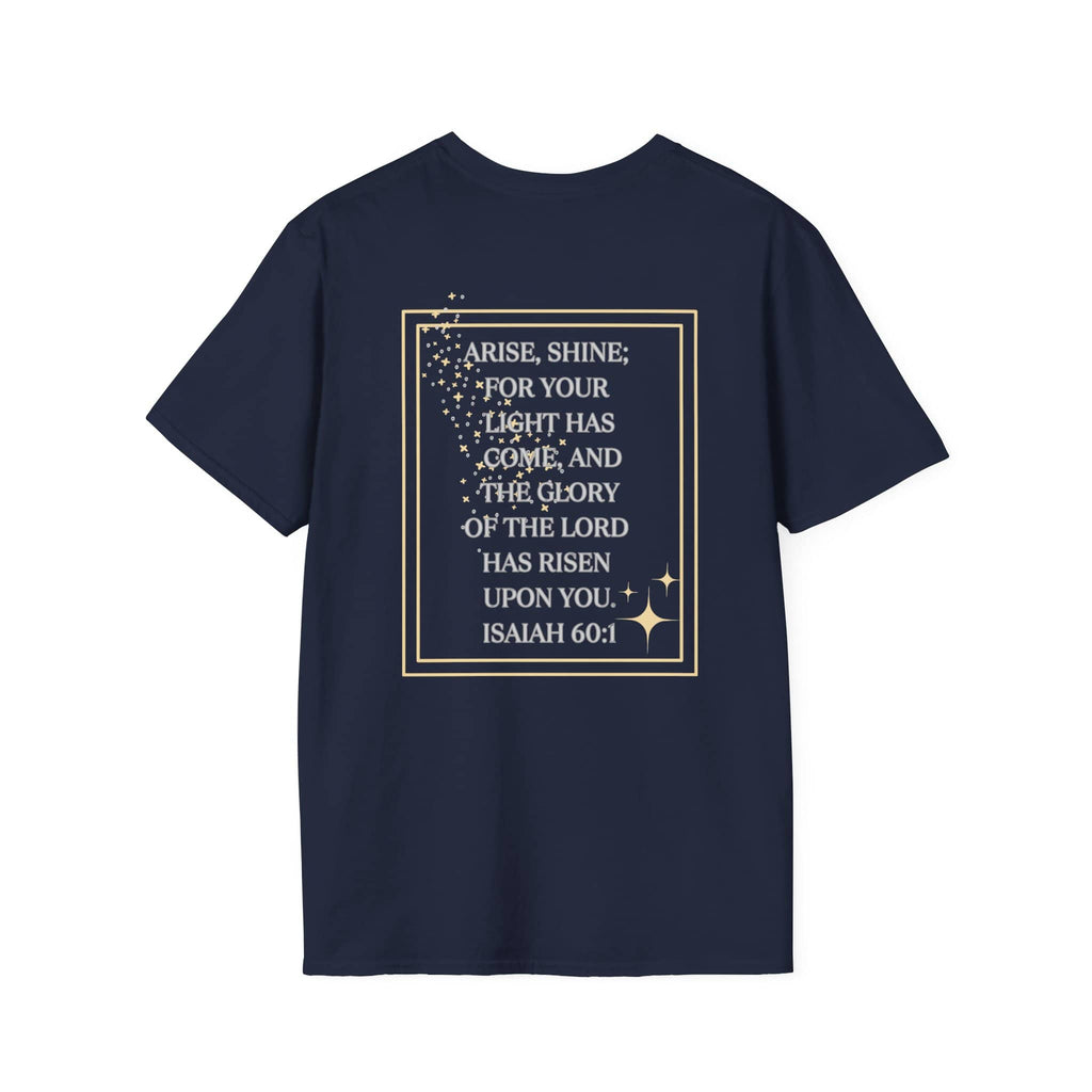 Navy Arise and Shine shirt featuring Isaiah 60:1 quote with decorative stars