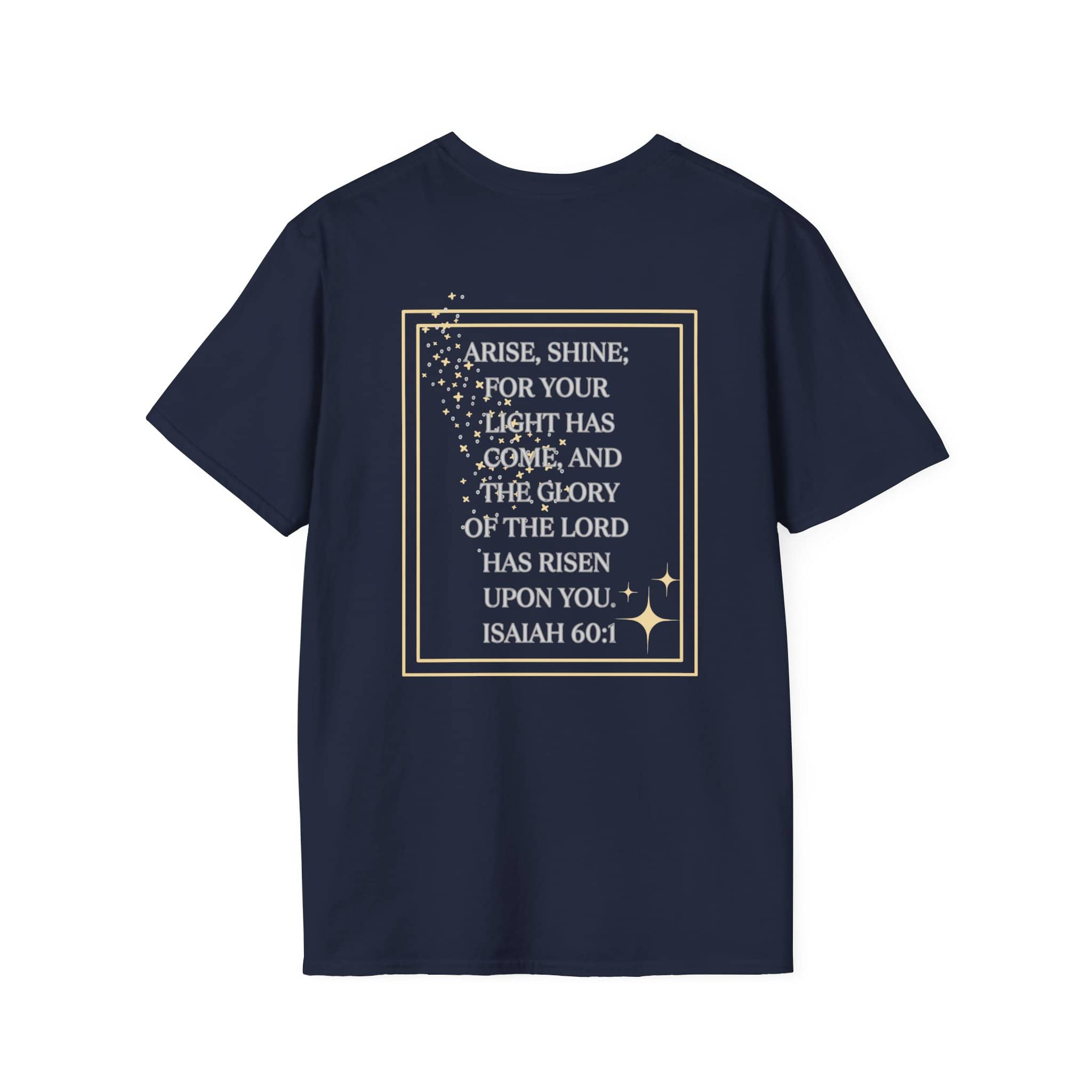 Navy Arise and Shine shirt featuring Isaiah 60:1 quote with decorative stars
