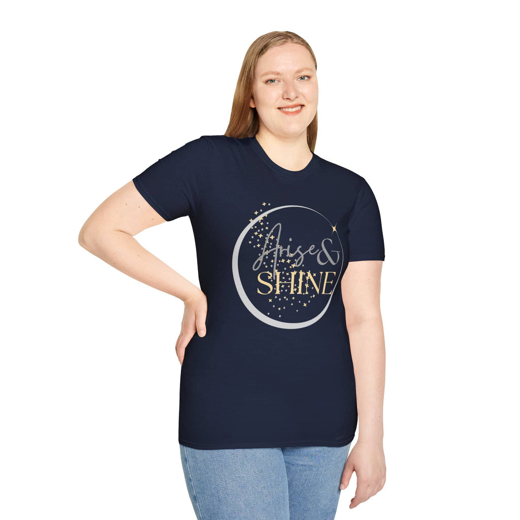 Navy Arise and Shine shirt featuring a stylishgraphic with stars and elegant font