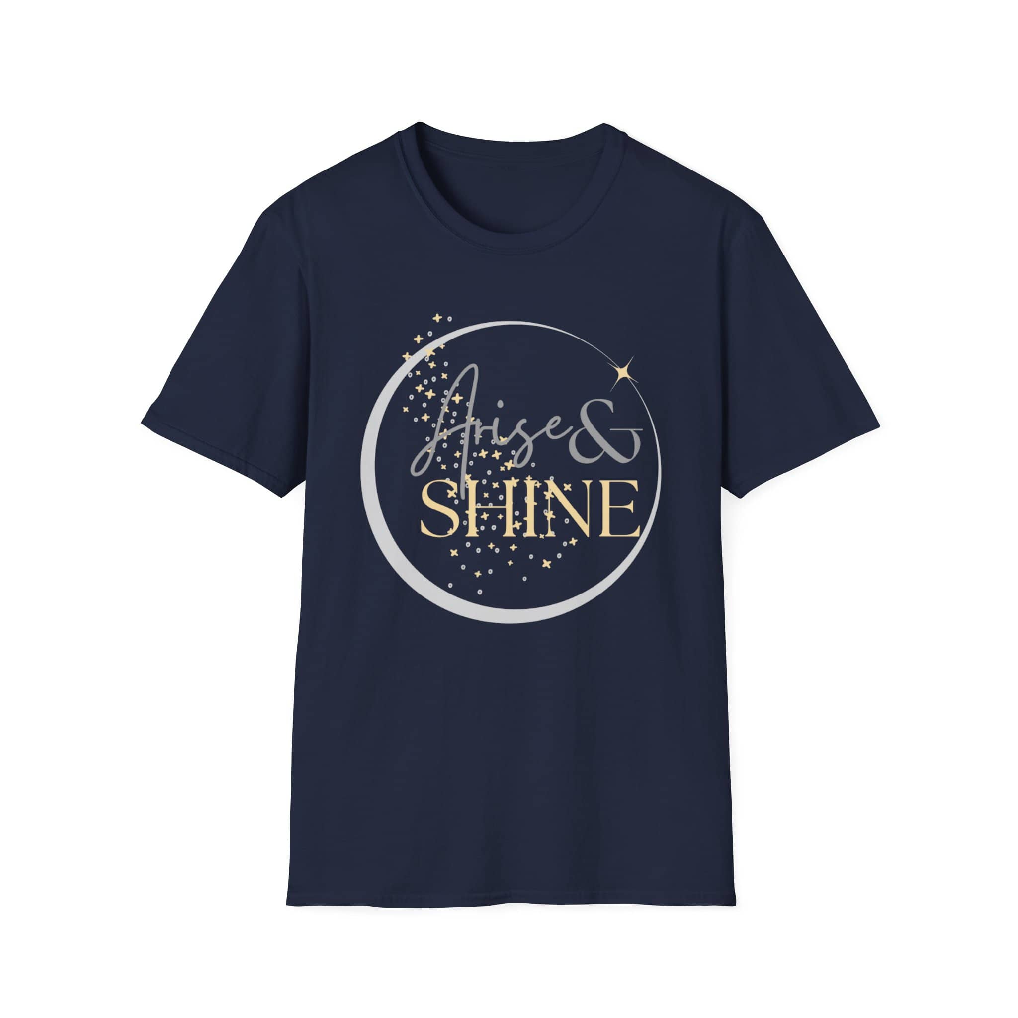 Navy Arise and Shine shirt featuring a moon and star design for a motivational look