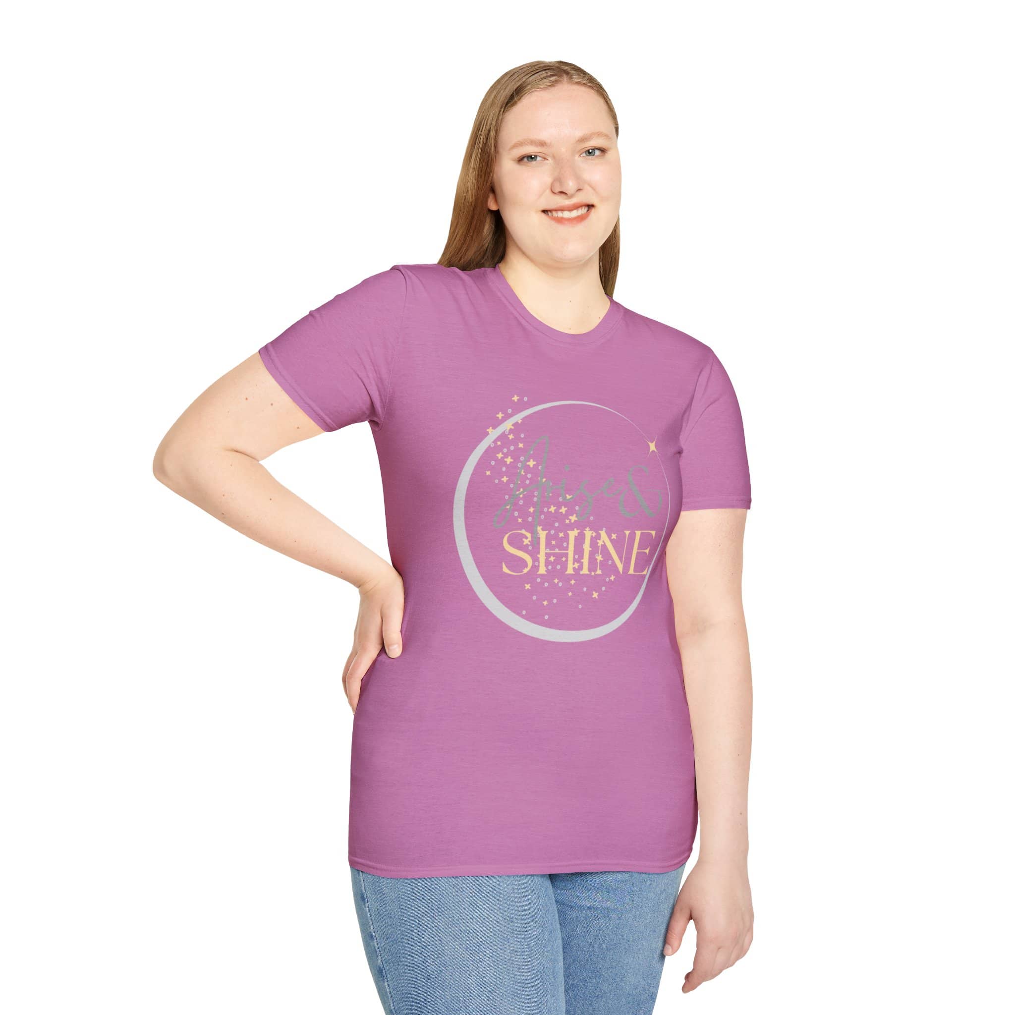Arise and Shine shirt in Heather Radiant Orchid featuring designs inspired by Isaiah 60:1