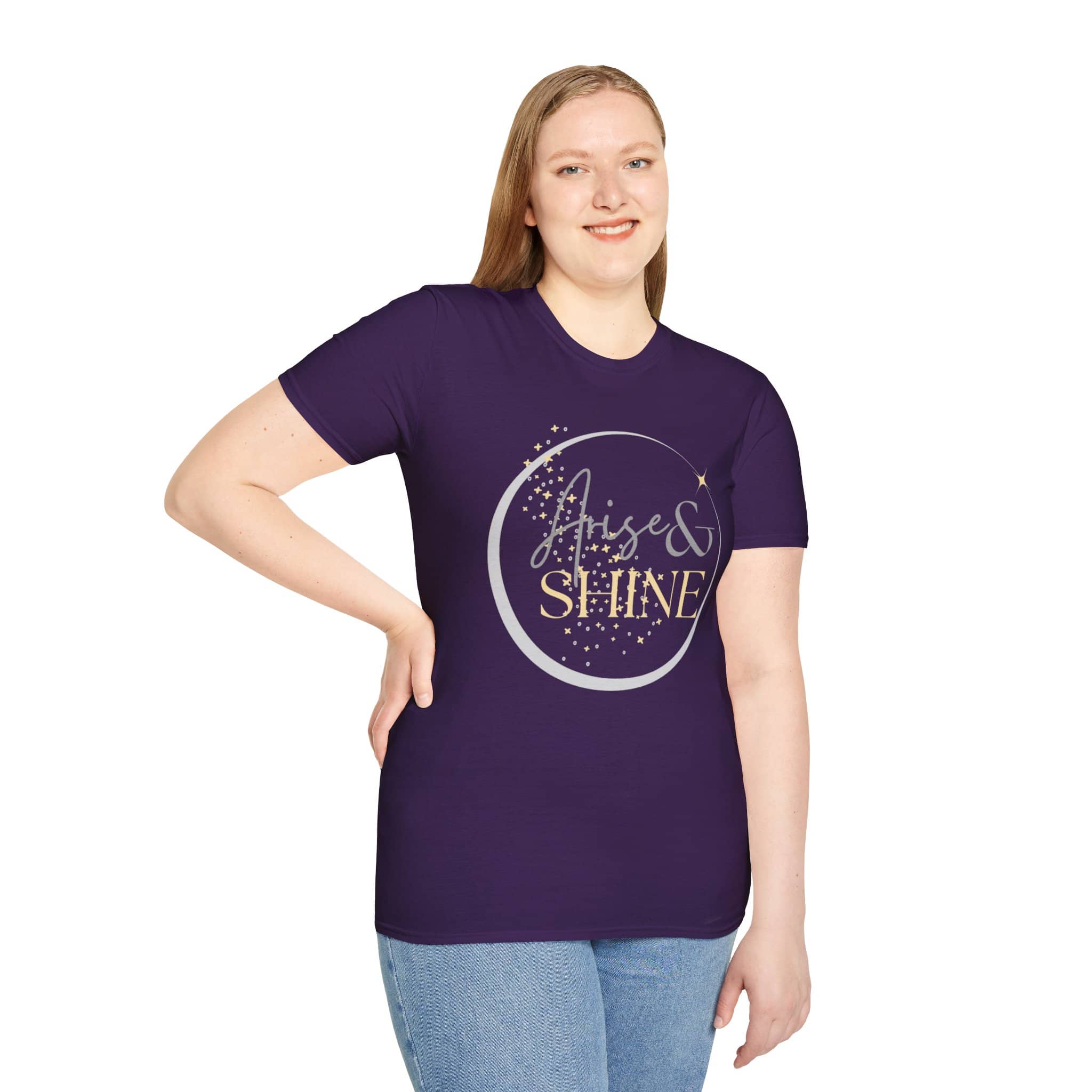 Arise and Shine shirt in Purple featuring a front and back design inspired by Isaiah 60:1