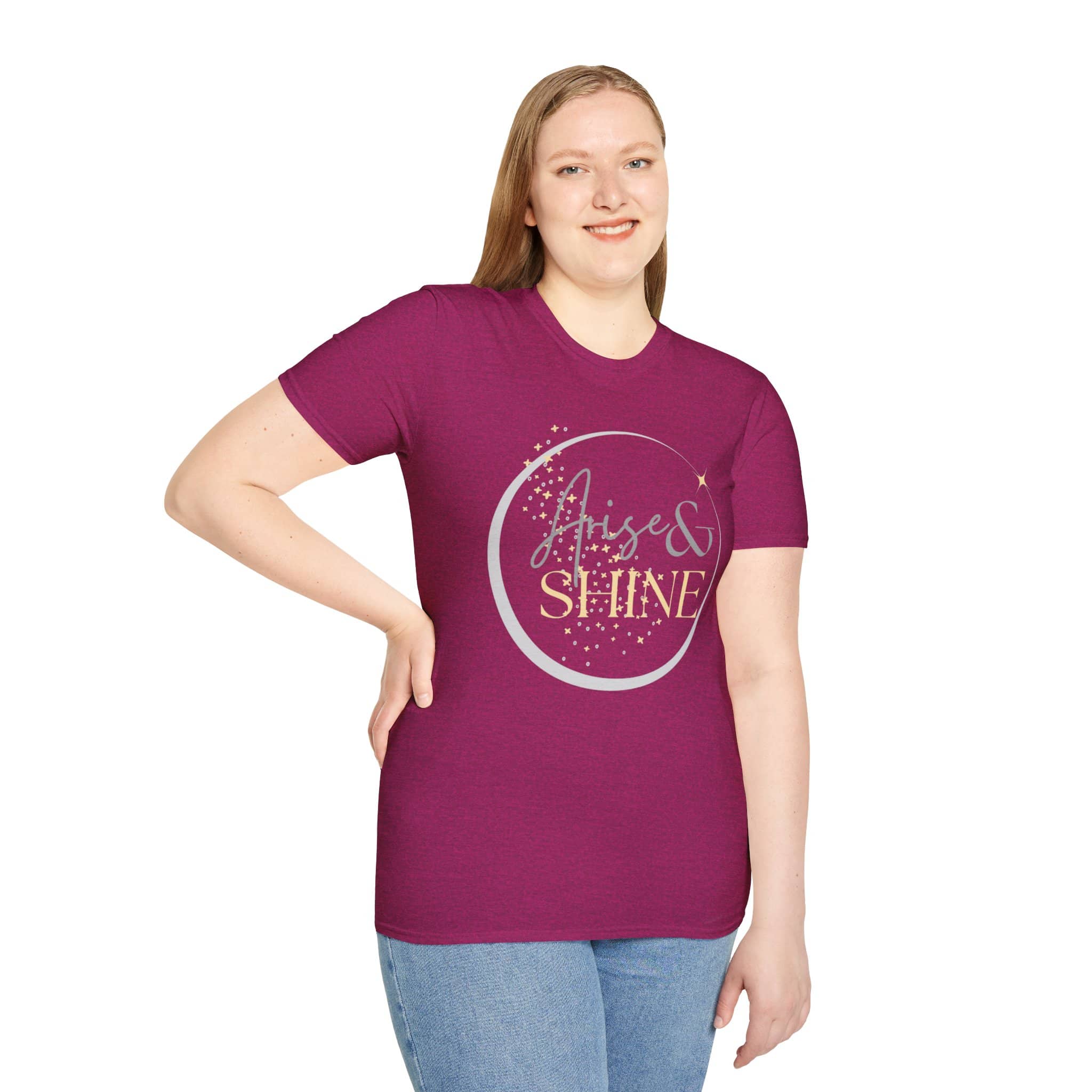 Trendy Arise and Shine shirt in maroon featuring a stylish graphic design