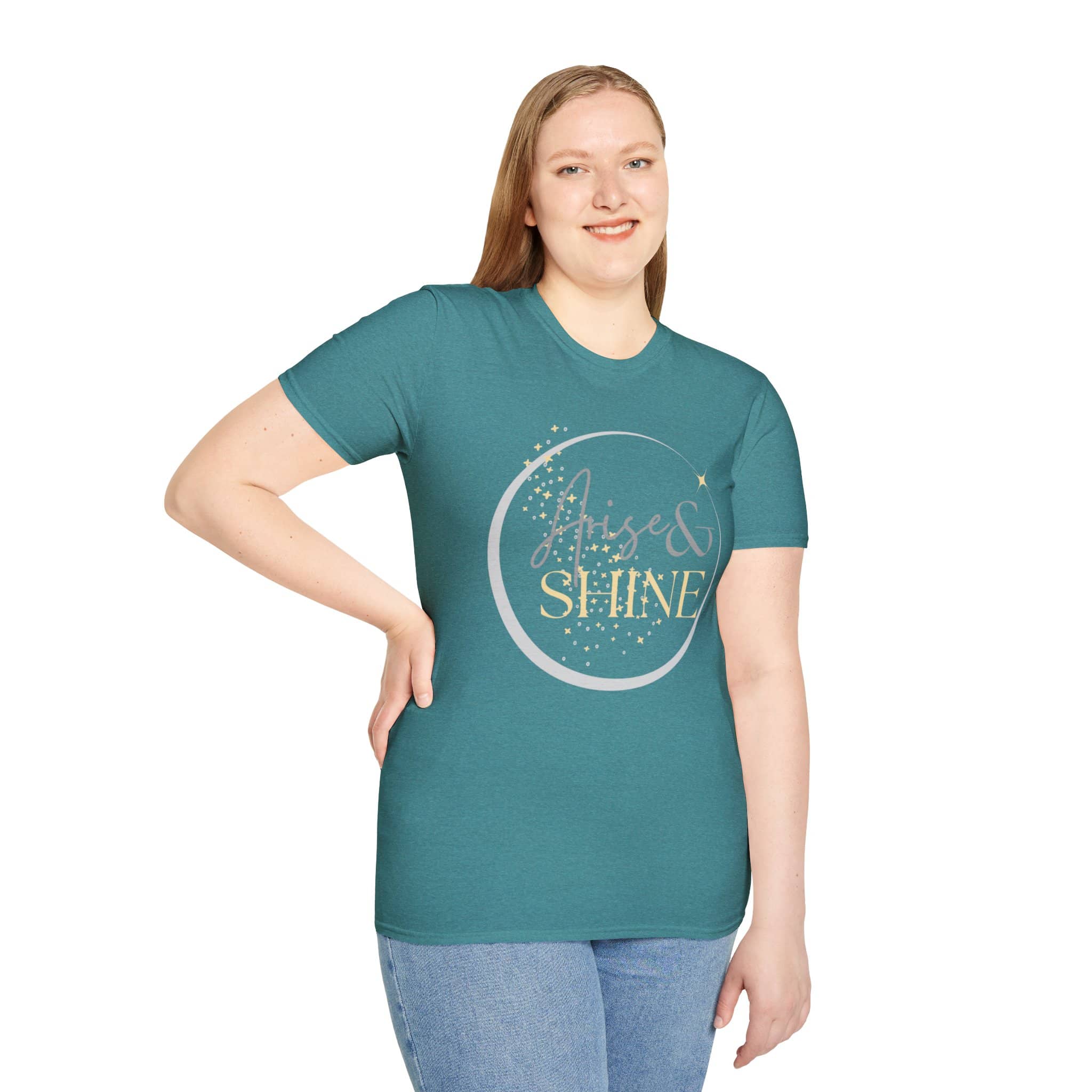 Arise and Shine shirt in Galapagos Blue with a framed Isaiah 60:1 design on the back