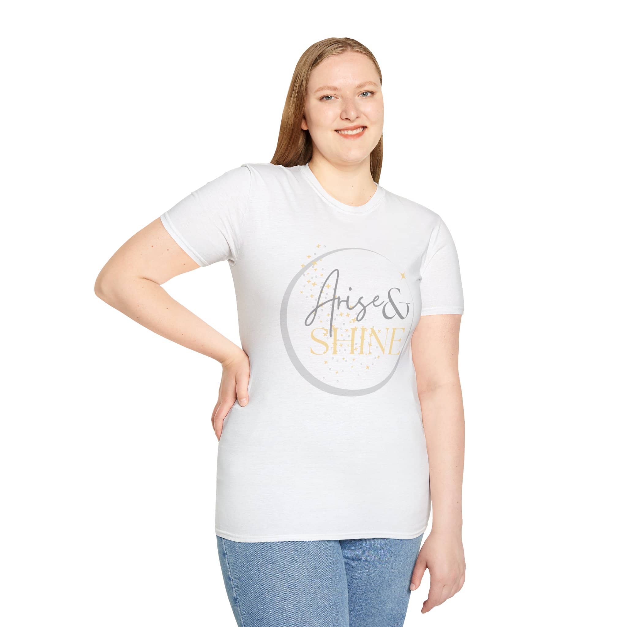 Woman wearing a white Arise and Shine shirt with stylish lettering and sparkles