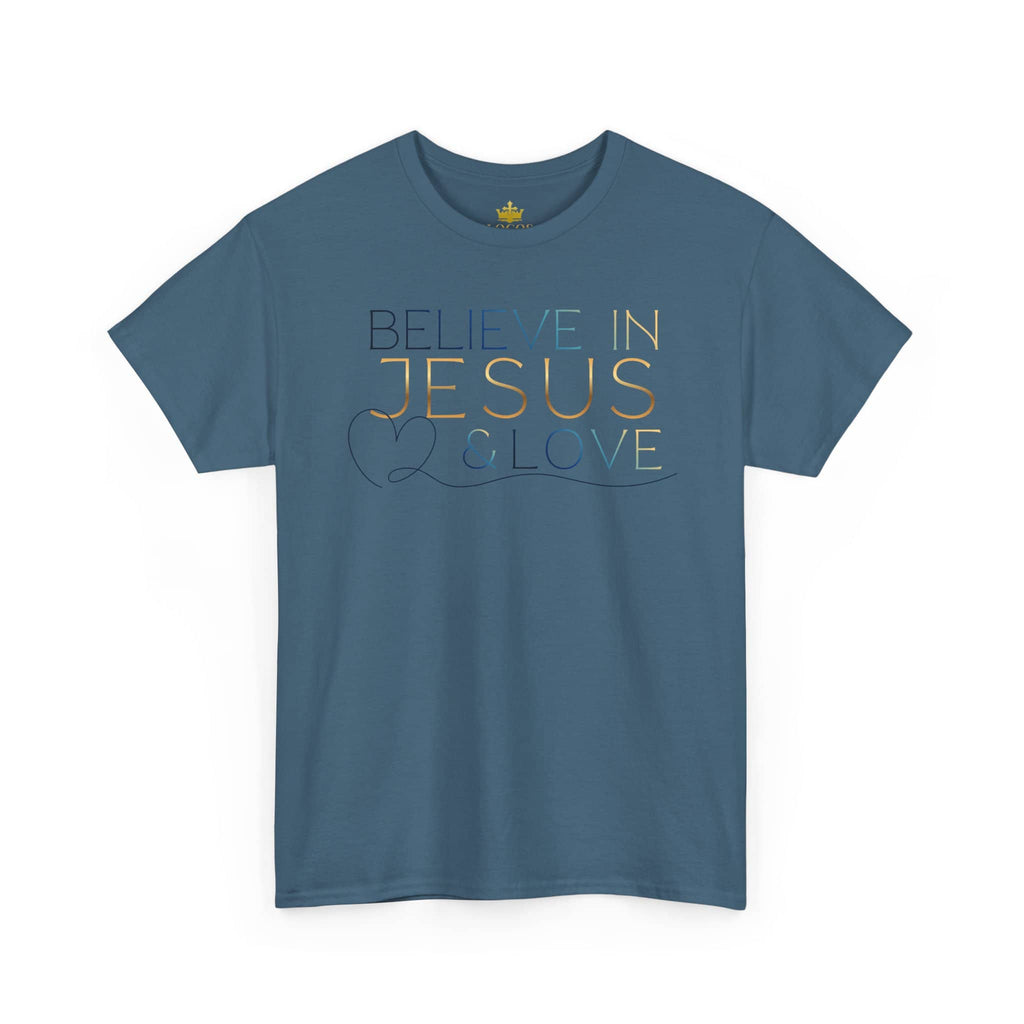 Believe In Jesus - Faith tee in blue with stylish lettering and heart design for inspirational wear