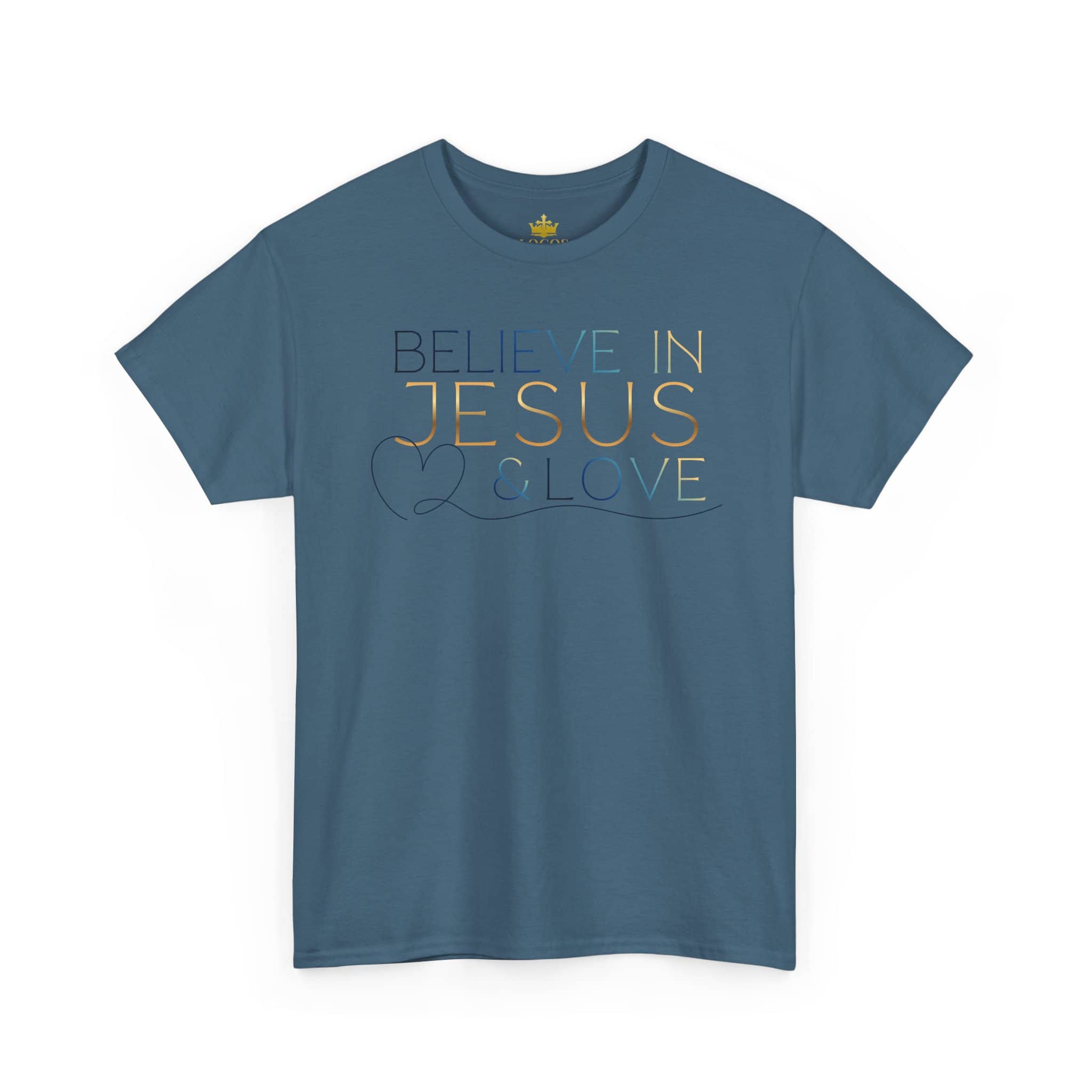 Believe In Jesus - Faith tee in blue with stylish lettering and heart design for inspirational wear