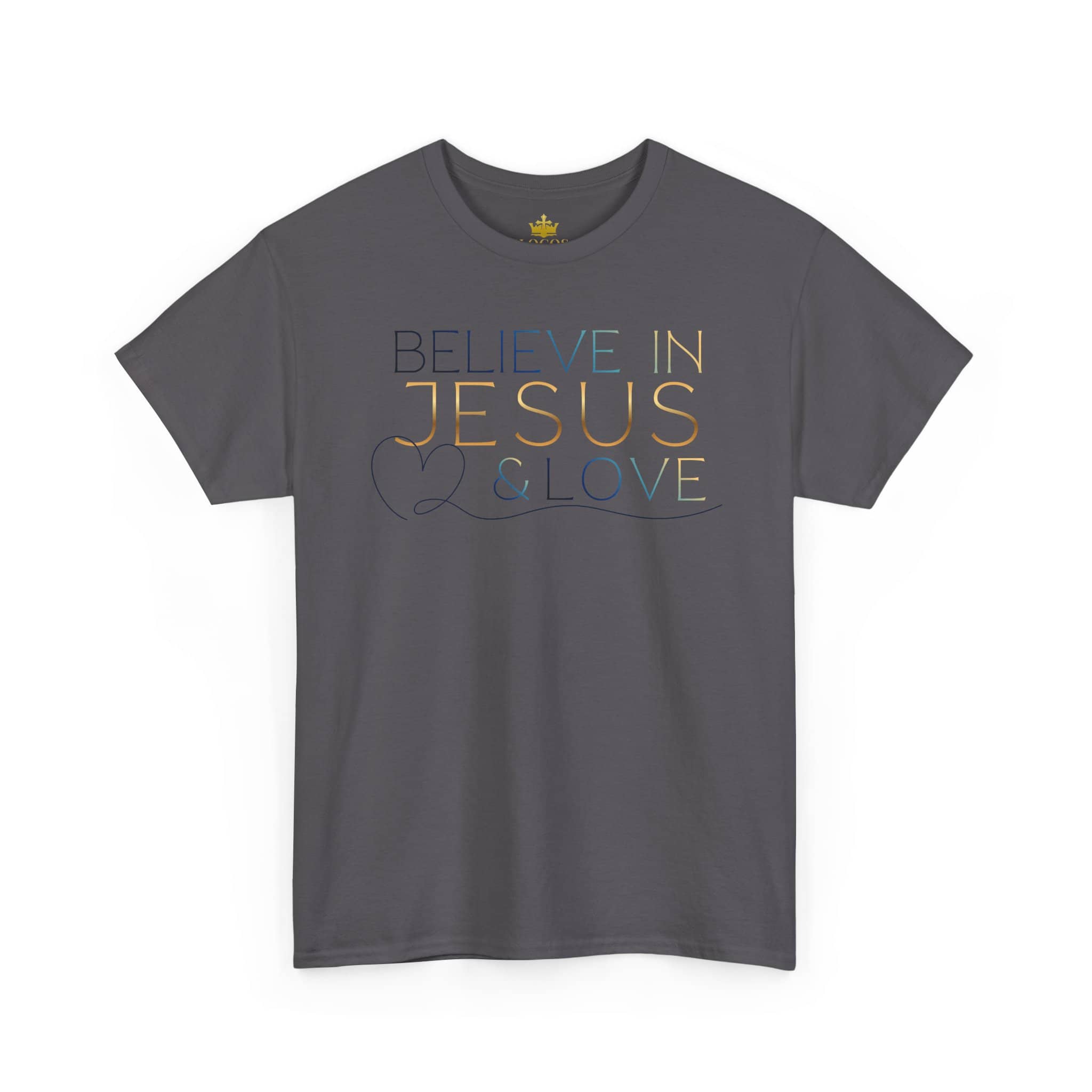 Believe In Jesus - Faith tee in dark gray with colorful lettering and a heart design