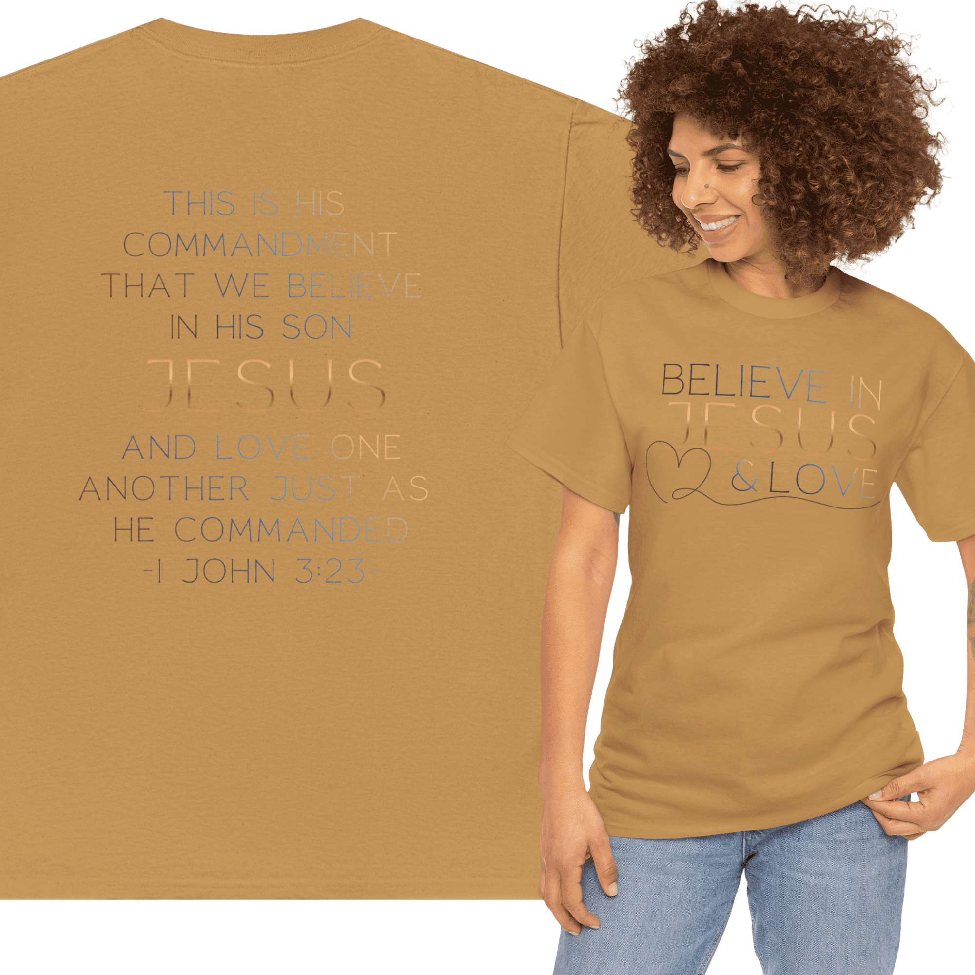 Believe In Jesus - Faith tee in tan featuring inspirational text with a comfortable fit for daily wear