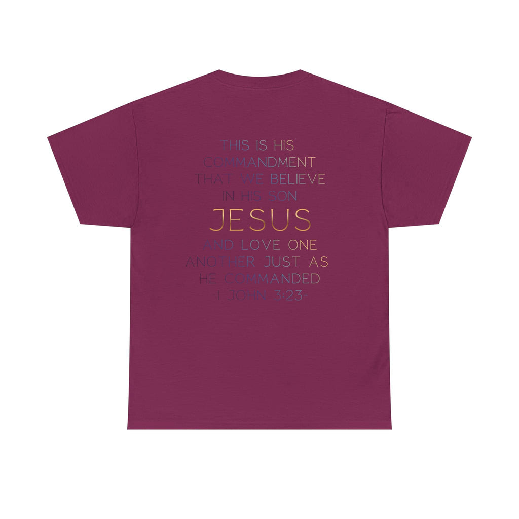 Believe In Jesus - Faith tee with inspirational script design on a maroon background