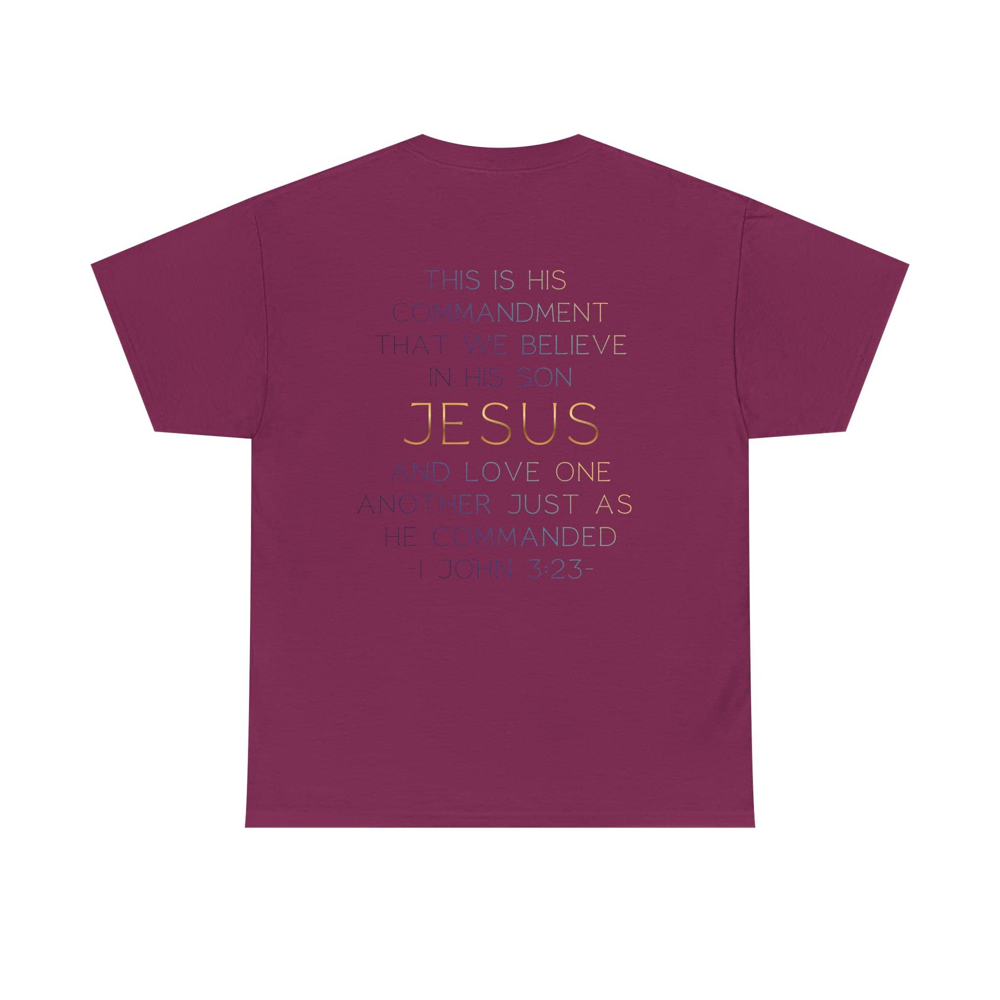 Believe In Jesus - Faith tee with inspirational script design on a maroon background